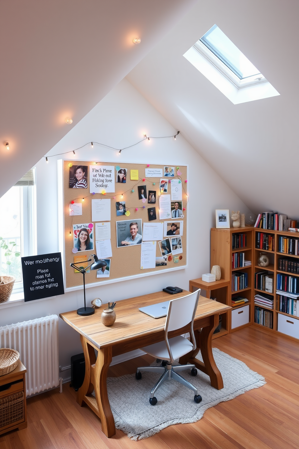 A cozy attic office space filled with natural light. The walls are adorned with inspirational quotes framed in minimalist black frames, adding a touch of motivation to the atmosphere. A stylish wooden desk is positioned under the sloped ceiling, complemented by a comfortable ergonomic chair. Shelves filled with books and decorative items line the walls, creating an inviting and productive workspace.