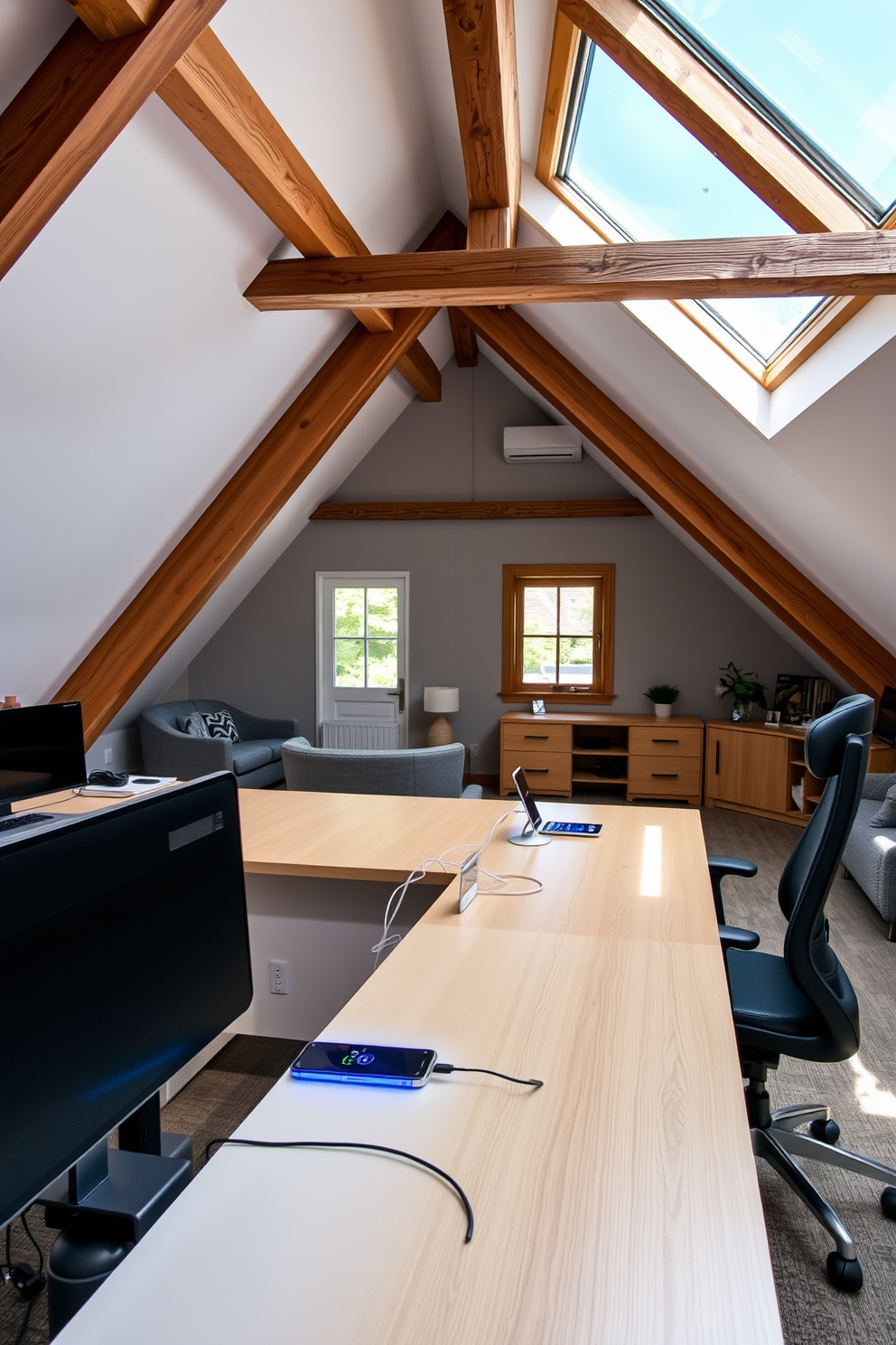 A cozy attic office with warm lighting creates an inviting workspace. The room features a sloped ceiling with exposed wooden beams and soft ambient lights that illuminate the space. A large wooden desk is positioned under a window, allowing natural light to flow in during the day. Plush seating with a soft throw blanket adds comfort, while bookshelves filled with books and personal mementos provide character.