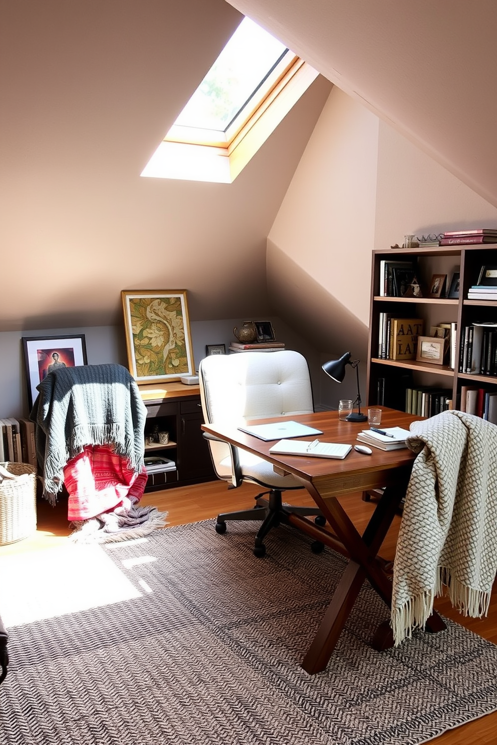 A cozy attic office space featuring layered textiles to create warmth and style. Soft throw blankets drape over a plush armchair, while a textured area rug adds comfort underfoot. Natural light pours in through a skylight, illuminating a wooden desk adorned with stylish stationery. Shelves lined with books and decorative items complete the inviting atmosphere of productivity.