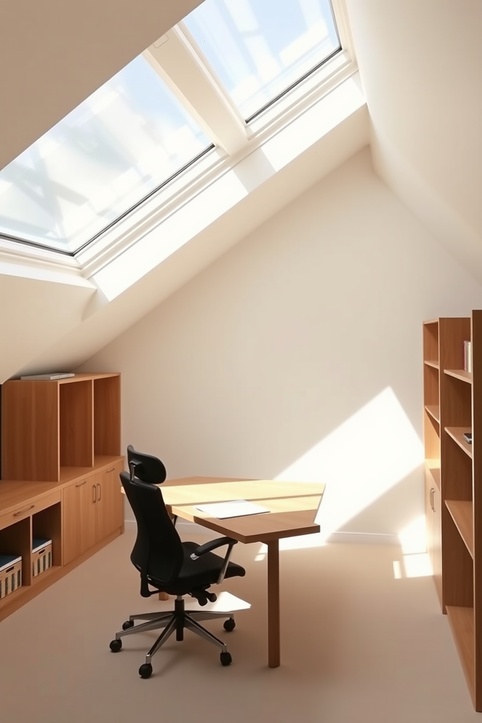 A bright and airy attic office with large skylights that flood the space with natural light. The room features a sleek wooden desk positioned beneath the skylights, complemented by a comfortable ergonomic chair and stylish shelving units along the walls.