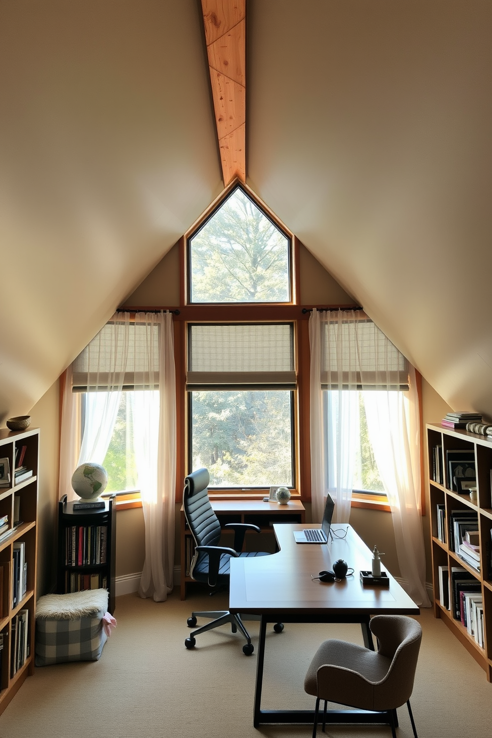 A cozy attic office space with sloped ceilings and exposed wooden beams. Large windows are adorned with sheer curtains that provide privacy while allowing natural light to fill the room. A sleek wooden desk is positioned under the window, accompanied by a comfortable ergonomic chair. Shelves filled with books and decorative items line the walls, creating an inviting and productive atmosphere.