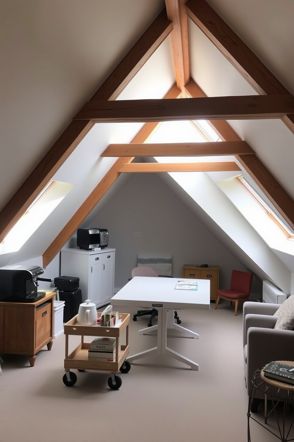 A cozy attic office space with sloped ceilings and exposed wooden beams. A small coffee station is nestled in one corner, featuring a sleek espresso machine and a stylish wooden cart for coffee supplies. The walls are painted in a calming light gray, creating a serene atmosphere. A large desk with a minimalist design sits in the center, surrounded by comfortable seating and ample natural light from a skylight.