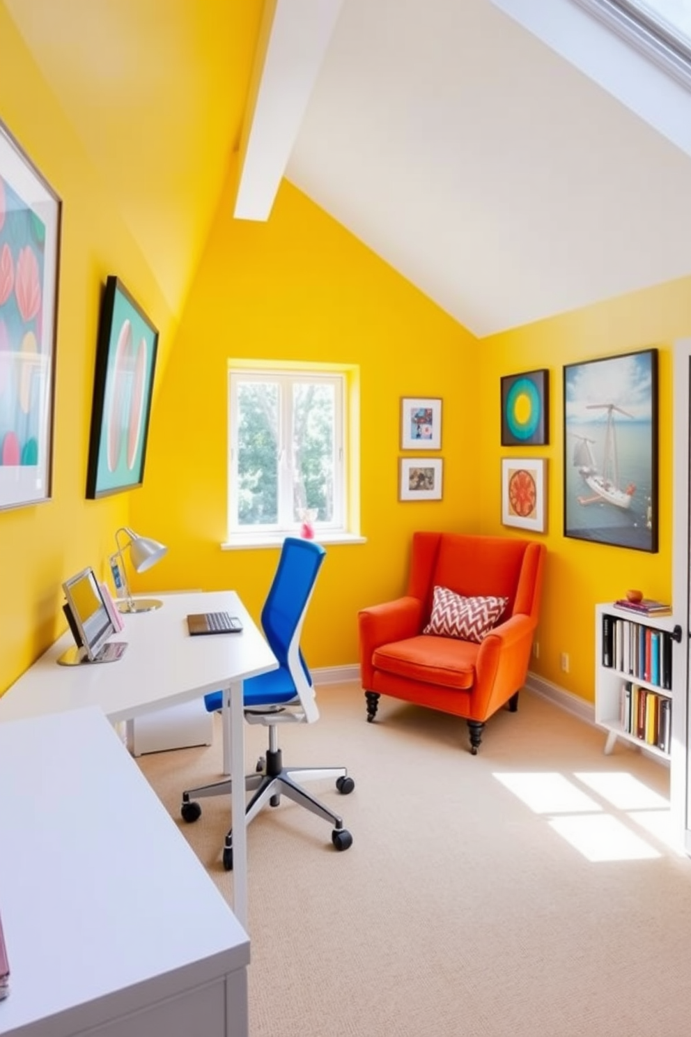 A cozy attic office space featuring layered lighting designed for task areas. The room includes a large wooden desk illuminated by a stylish desk lamp, while recessed ceiling lights provide overall brightness. Soft ambient lighting from a floor lamp creates a warm atmosphere, complementing the natural light from a skylight. The walls are painted in a soft gray, and a plush area rug adds comfort underfoot.