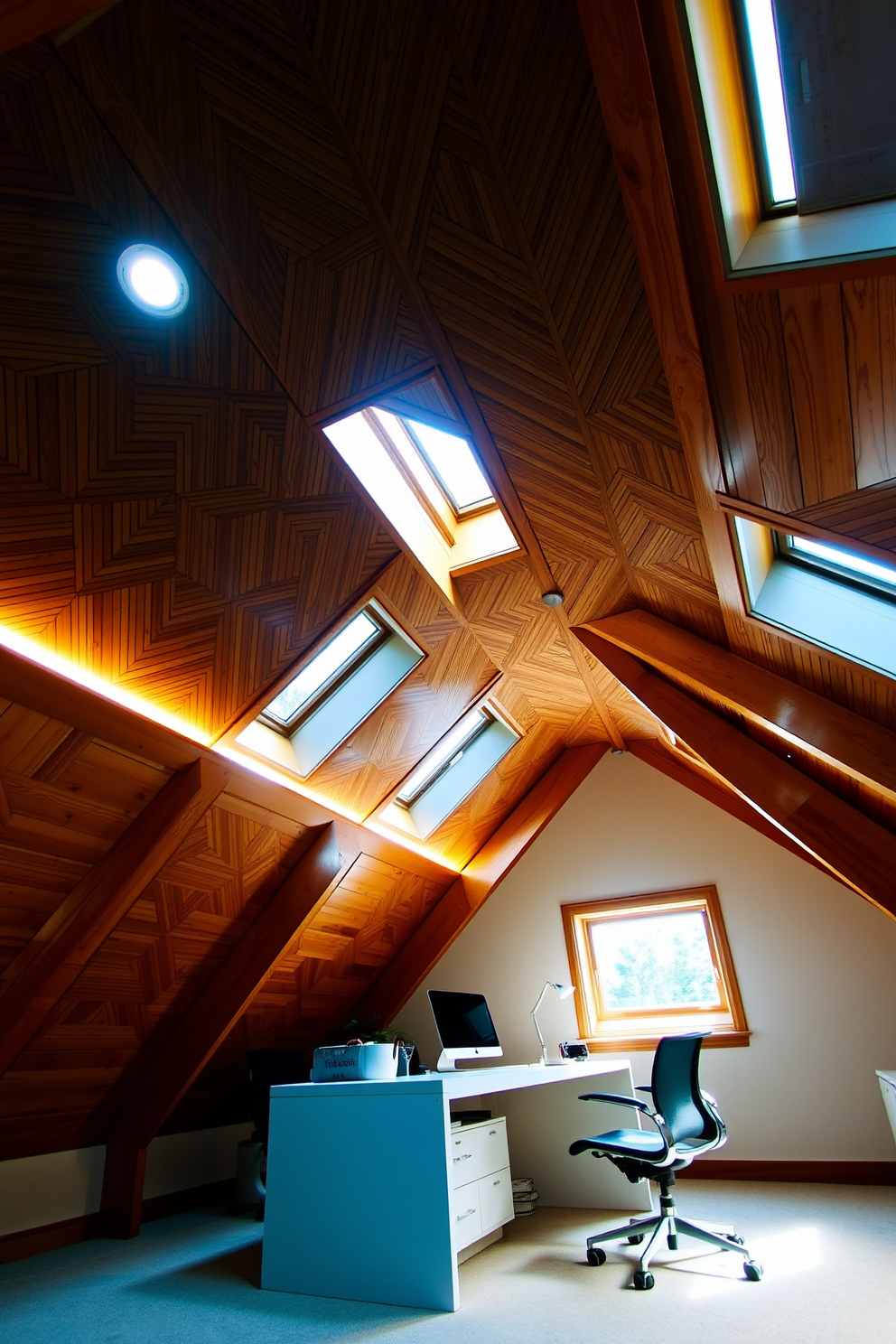 A cozy attic office featuring a personalized bookshelf that showcases an eclectic collection of books and decorative items. The bookshelf is built into the sloped wall, with warm wood tones that complement the soft lighting from a nearby vintage desk lamp. The office is adorned with a comfortable reading nook, complete with a plush armchair and a small side table. Large windows allow natural light to flood the space, highlighting the unique character of the attic design.