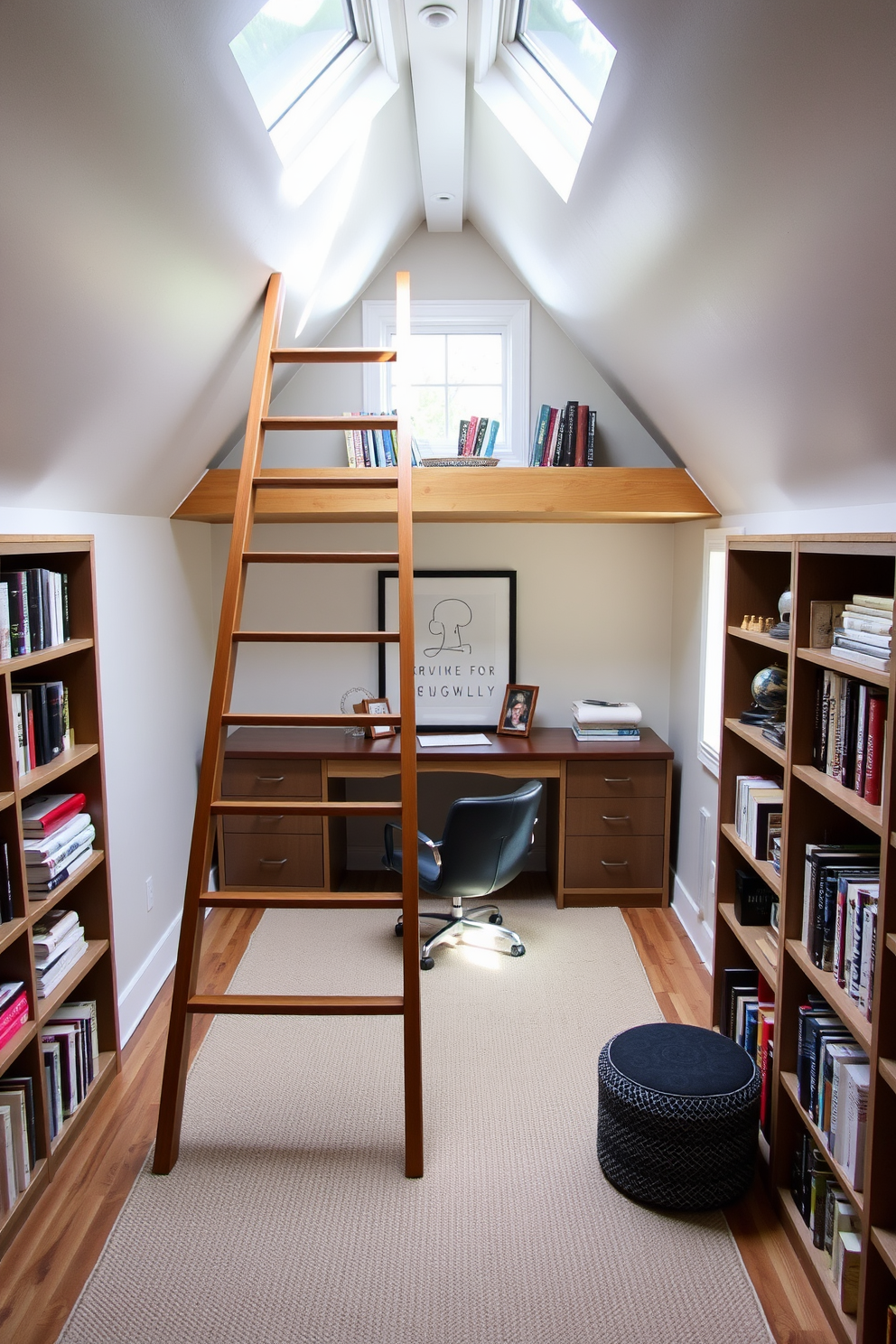 Create a cozy attic office space that features a stylish wooden ladder leading up to a small reading nook. The office includes a sleek desk positioned under a skylight, with built-in shelves on either side filled with books and decorative items.