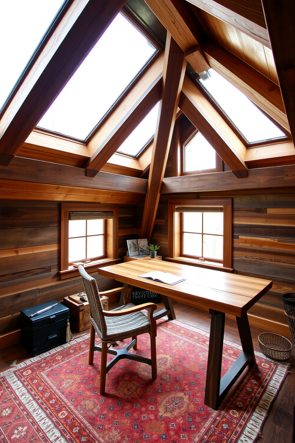 A cozy attic office space designed with reclaimed wood beams and a rustic wooden desk that showcases the natural grain. Large windows allow ample natural light to flood the room, creating an inviting atmosphere for productivity. The walls are adorned with reclaimed wood panels, adding warmth and character to the space. A comfortable chair made from recycled materials sits in front of the desk, paired with a vintage rug that complements the earthy tones.