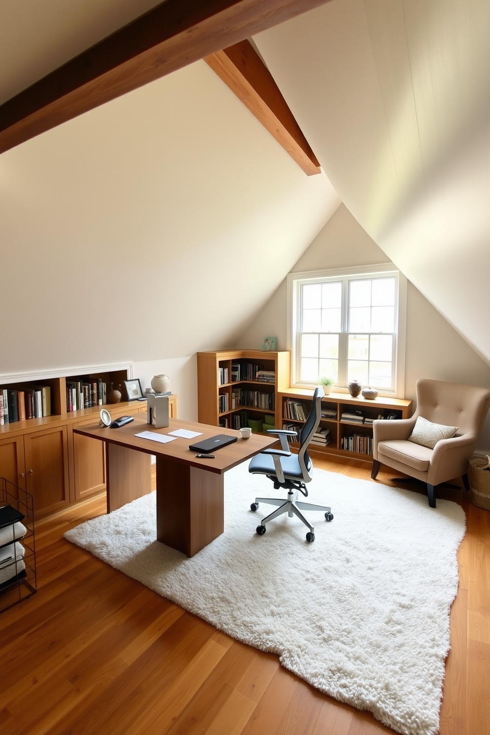 A cozy attic office space with sloped ceilings and exposed wooden beams. There's a sleek wooden desk positioned under a large window that lets in natural light, complemented by a comfortable ergonomic chair. On one side, a small library nook is created with built-in shelves filled with books and decorative items. A plush armchair sits in the corner, inviting relaxation, and a soft area rug adds warmth to the wooden floor.