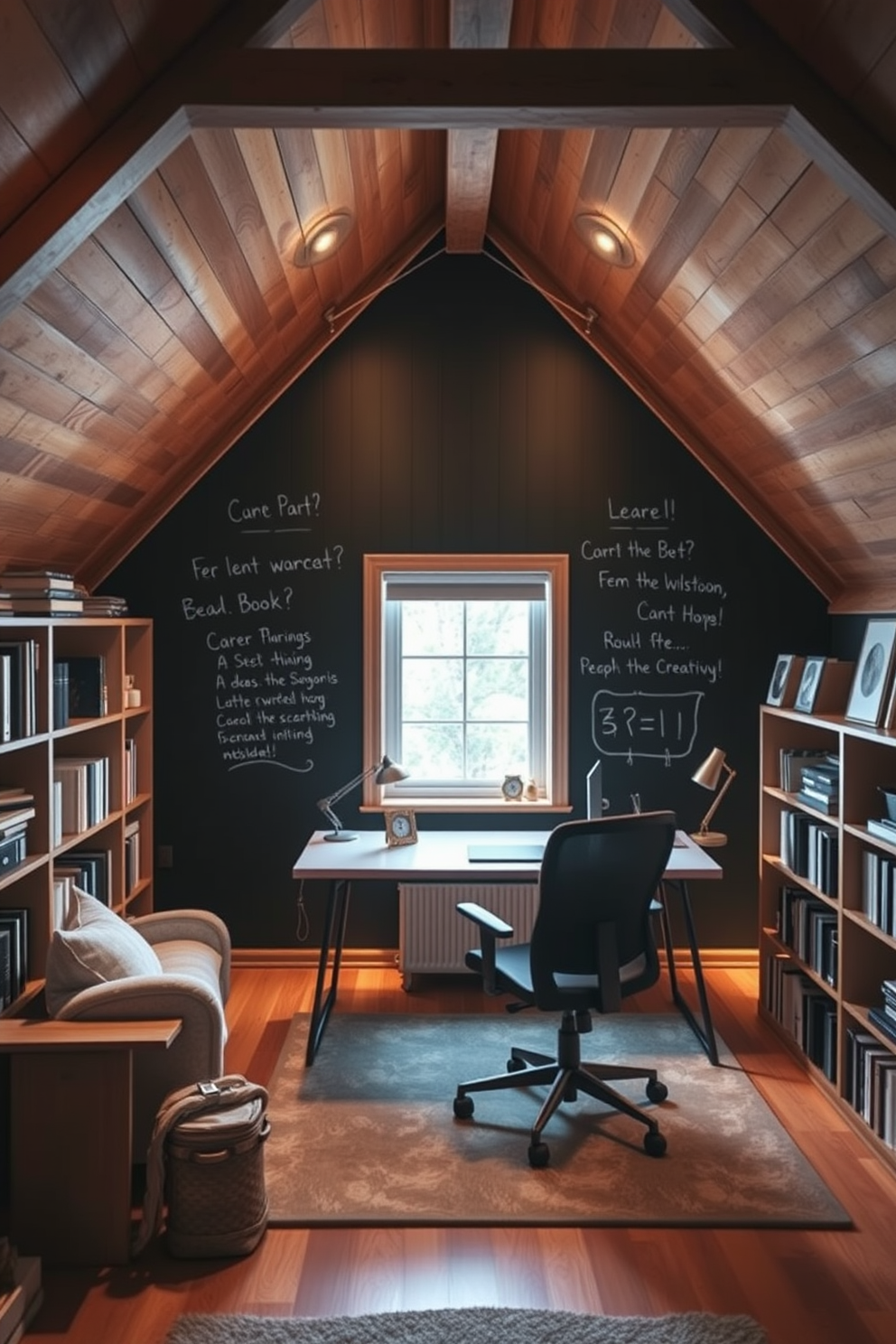 A cozy attic office designed for creativity and productivity. The focal point is a large chalkboard wall, perfect for jotting down ideas and inspiration, surrounded by warm wooden beams and soft ambient lighting. A sleek desk sits beneath a window, offering views of the outside, while a comfortable ergonomic chair invites long hours of work. Shelves filled with books and decorative items line the walls, creating an inviting and personalized workspace.