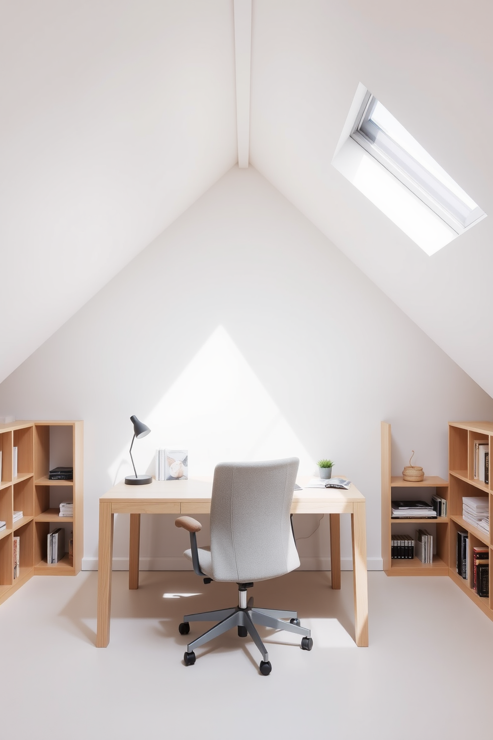 A cozy attic office featuring rustic wooden beams that add warmth to the space. The walls are painted white to create a bright and airy atmosphere, complemented by a large wooden desk and comfortable seating.