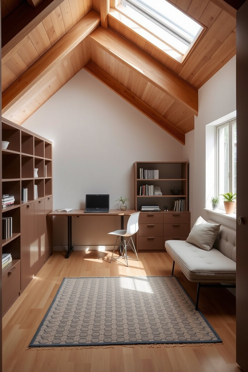 A serene attic office space featuring a sleek foldable desk that can be tucked away when not in use. The room is adorned with built-in shelves that maximize storage while maintaining an open feel, complemented by a cozy reading nook with a pull-out sofa. Natural light floods the room through a skylight, highlighting the warm wooden beams and soft neutral color palette. A stylish rug anchors the space, while a small potted plant adds a touch of greenery to the minimalist design.