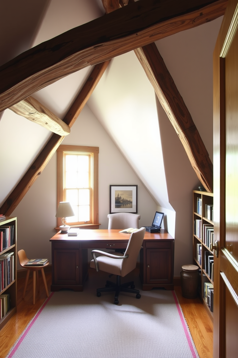 A cozy attic office featuring rustic wooden beams that add warmth and charm to the space. The room is filled with natural light from a large window, and a wooden desk sits under the beams, complemented by a comfortable chair and shelves lined with books.