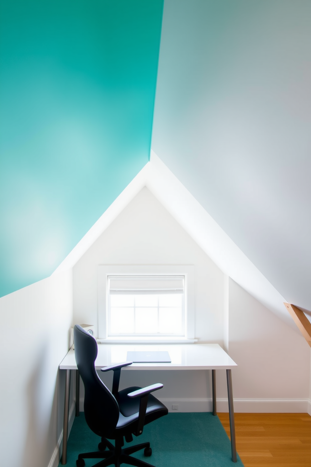 A vibrant accent wall painted in a bold teal color serves as the focal point of the room. The surrounding walls are a soft white, creating a striking contrast that adds personality and energy to the space. The attic office features a sloped ceiling with exposed wooden beams, enhancing its cozy charm. A sleek desk positioned under the window allows natural light to flood the workspace, complemented by a plush ergonomic chair.