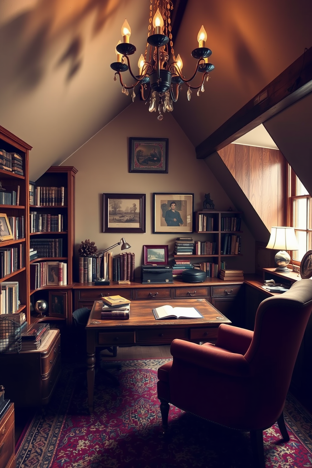 A cozy attic office space filled with vintage decor elements. A reclaimed wood desk sits beneath a sloped ceiling, accompanied by a plush armchair upholstered in rich fabric. Antique bookshelves line the walls, showcasing a collection of old books and unique trinkets. Soft, warm lighting from a vintage chandelier creates an inviting atmosphere perfect for productivity.