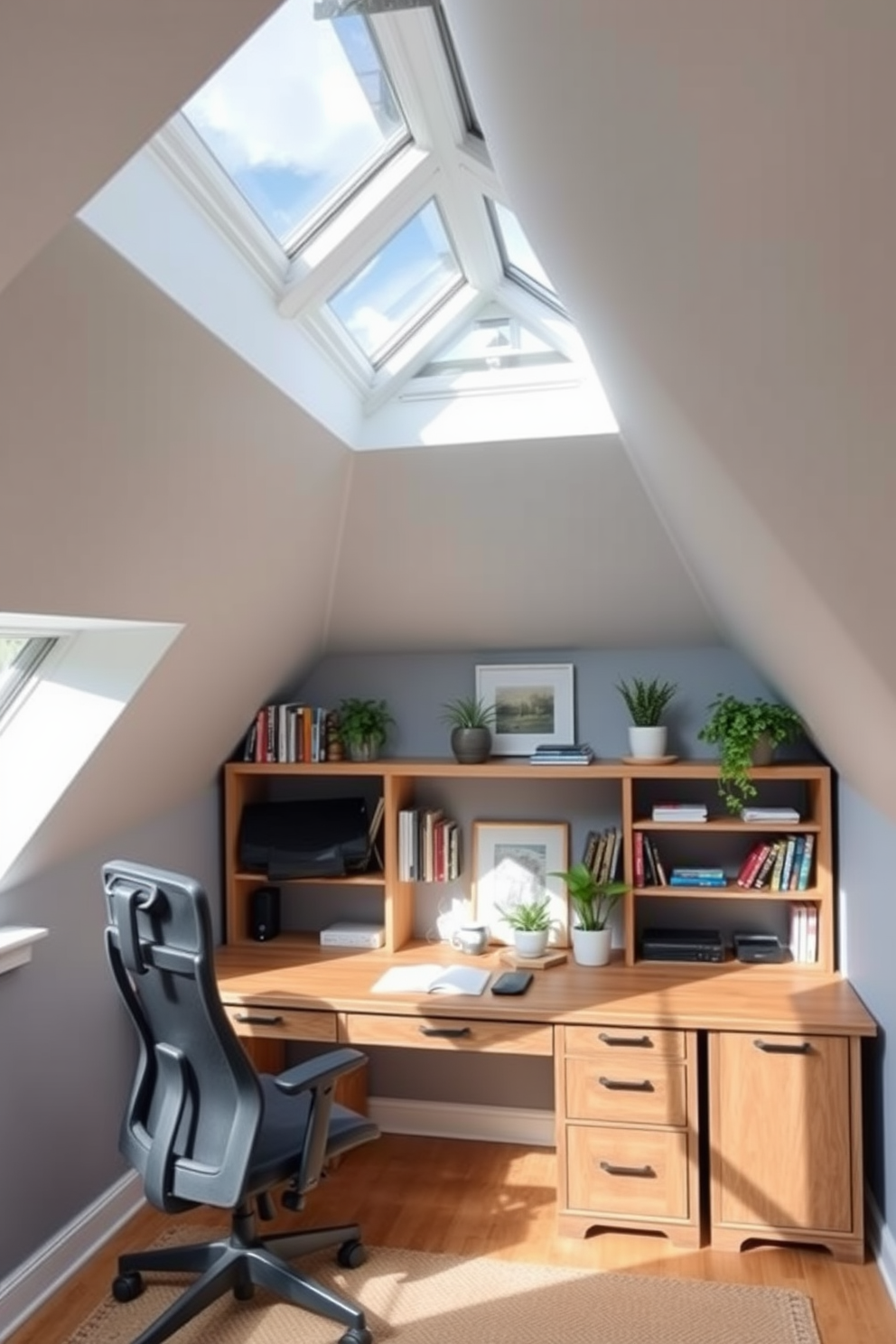 An industrial style attic office features exposed brick walls and large metal beams that create a raw yet sophisticated atmosphere. A large wooden desk with metal legs is positioned under a skylight, providing ample natural light for work. The room is decorated with vintage metal shelving units filled with books and plants, adding a touch of greenery to the space. A comfortable leather chair sits in front of the desk, while a bold abstract artwork hangs on the wall, enhancing the creative vibe.