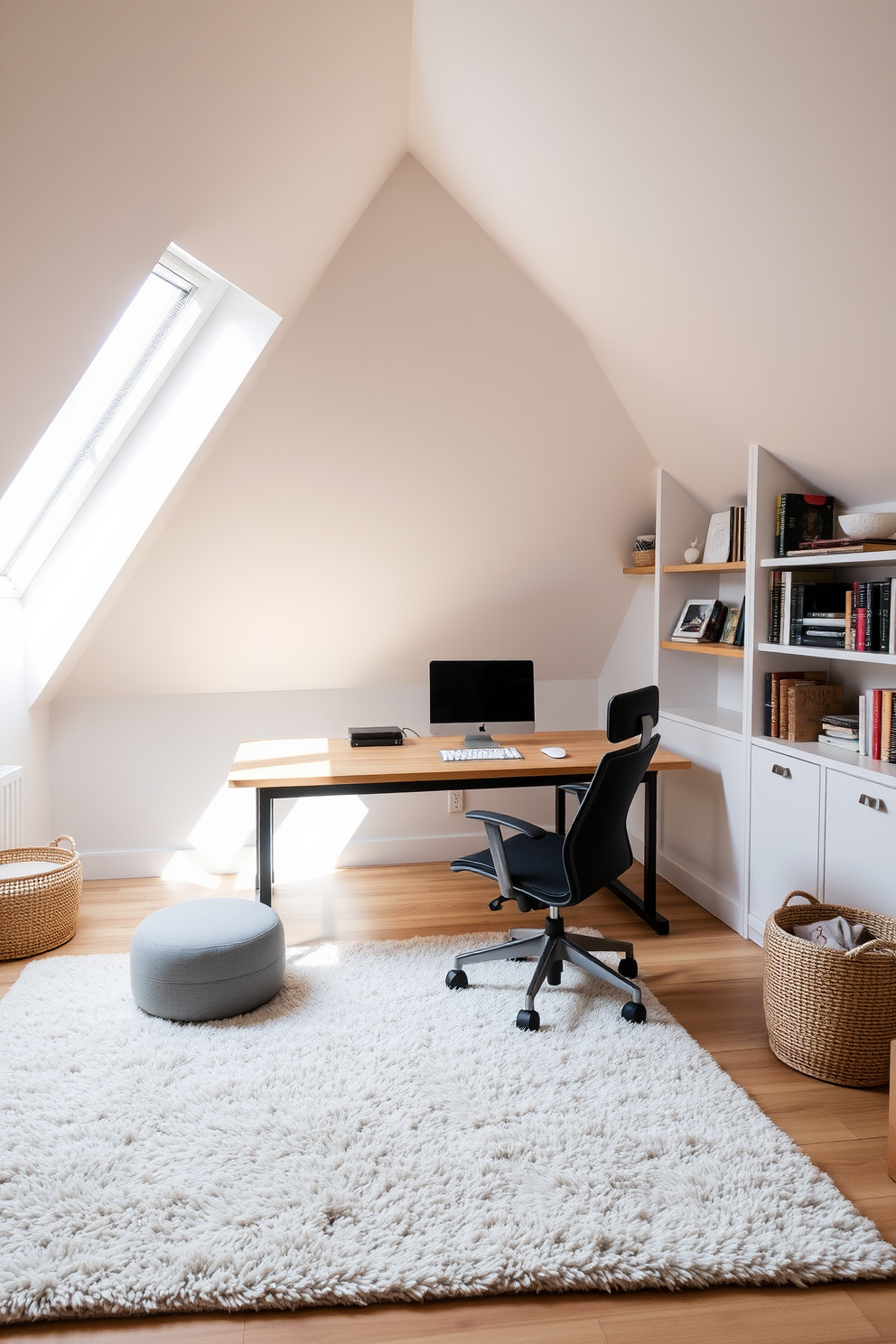 A cozy attic office space featuring a soft area rug that adds warmth and comfort underfoot. The room is filled with natural light from a skylight, illuminating a sleek wooden desk paired with an ergonomic chair. The walls are painted in a calming light gray, creating a serene atmosphere for productivity. Shelves lined with books and decorative items provide both functionality and personal flair.