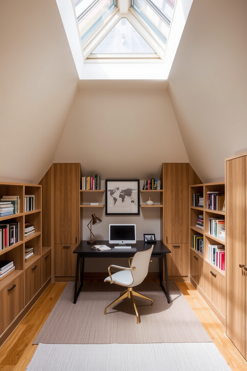 A cozy attic office with functional storage solutions under the eaves. Built-in shelves line the slanted walls, maximizing space while providing ample storage for books and supplies. A stylish desk sits beneath a skylight, allowing natural light to flood the room. The color palette features soft neutrals and warm wood tones, creating an inviting and productive atmosphere.