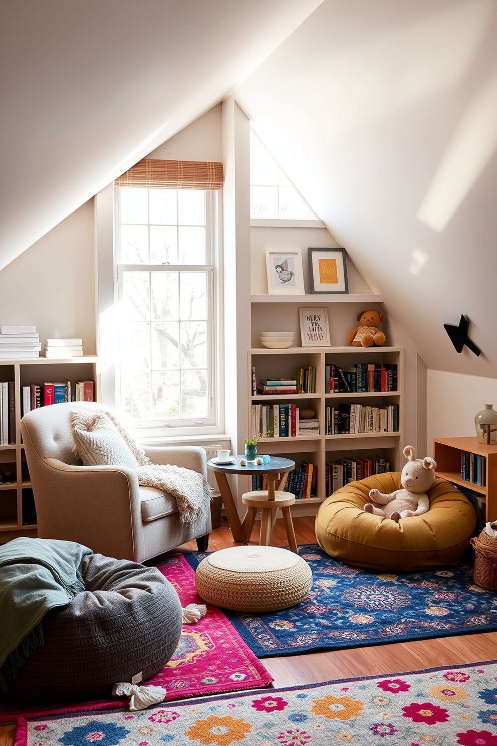 A cozy reading nook with built-in shelves features a plush armchair upholstered in soft fabric positioned next to a large window that allows natural light to flood the space. Surrounding the nook are custom-built shelves filled with books and decorative items, creating an inviting atmosphere perfect for relaxation. The attic playroom design includes vibrant wall colors and playful decor that stimulate creativity and fun. A soft area rug covers the floor, and various activity zones are defined with colorful cushions and storage solutions for toys and games.