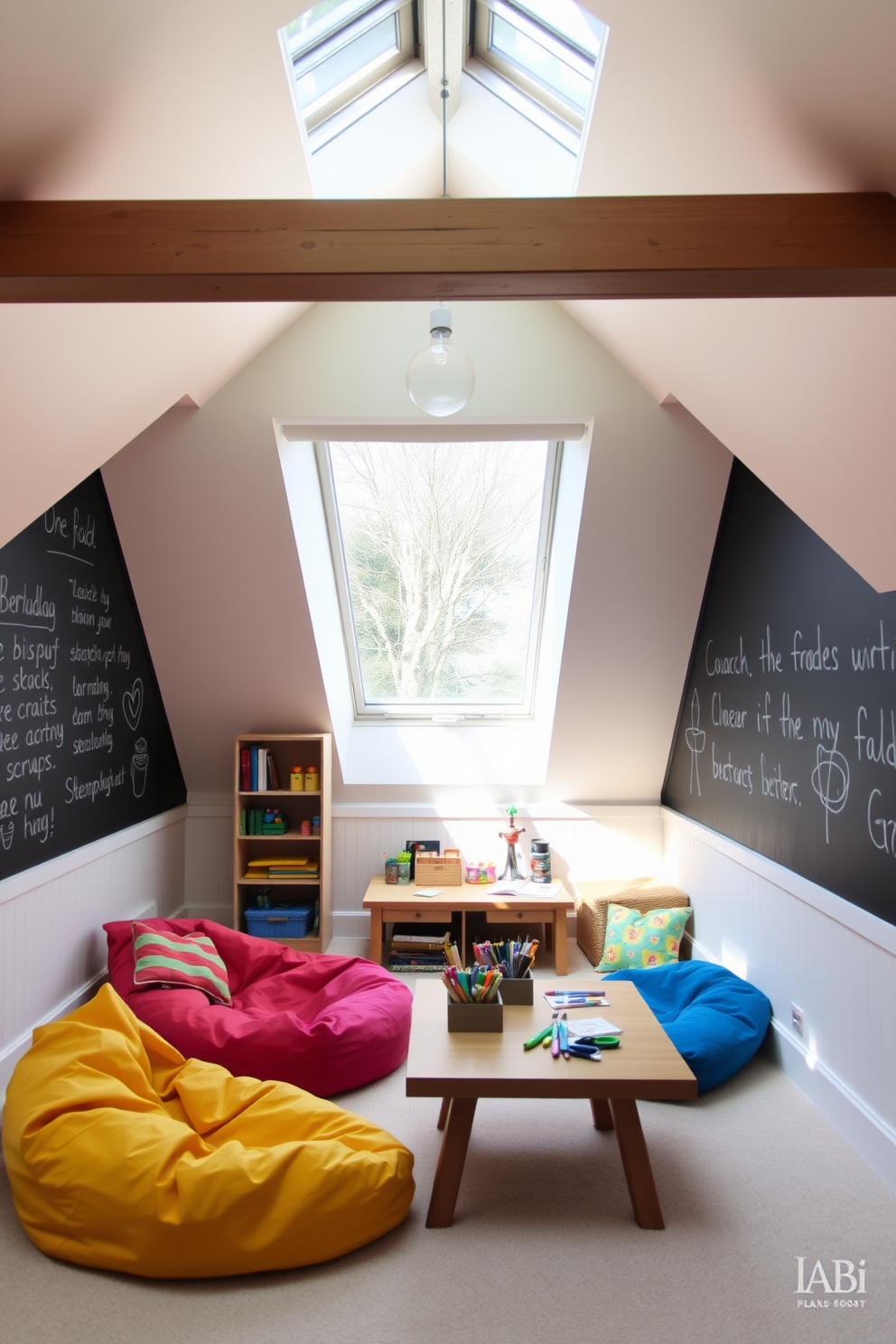 A cozy attic playroom filled with soft cushions for lounging and relaxing. The space features colorful bean bags and plush floor pillows scattered around a low coffee table, creating an inviting area for play and relaxation. Natural light pours in through skylights, illuminating the playful decor and vibrant wall colors. A whimsical rug anchors the seating area, while shelves filled with toys and books provide a fun and functional backdrop.