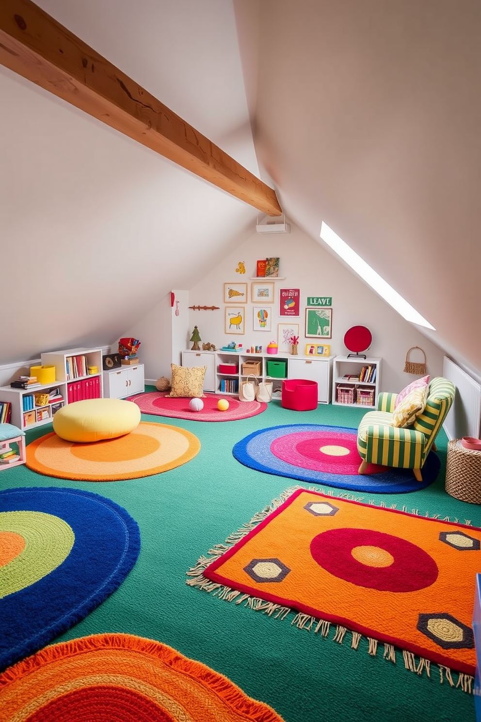 A craft table for hands-on activities. The table is made of reclaimed wood with a natural finish, surrounded by colorful chairs that inspire creativity. The attic playroom features cozy nooks with plush bean bags and a whimsical mural on the walls. Large windows allow natural light to flood the space, creating an inviting atmosphere for play and imagination.