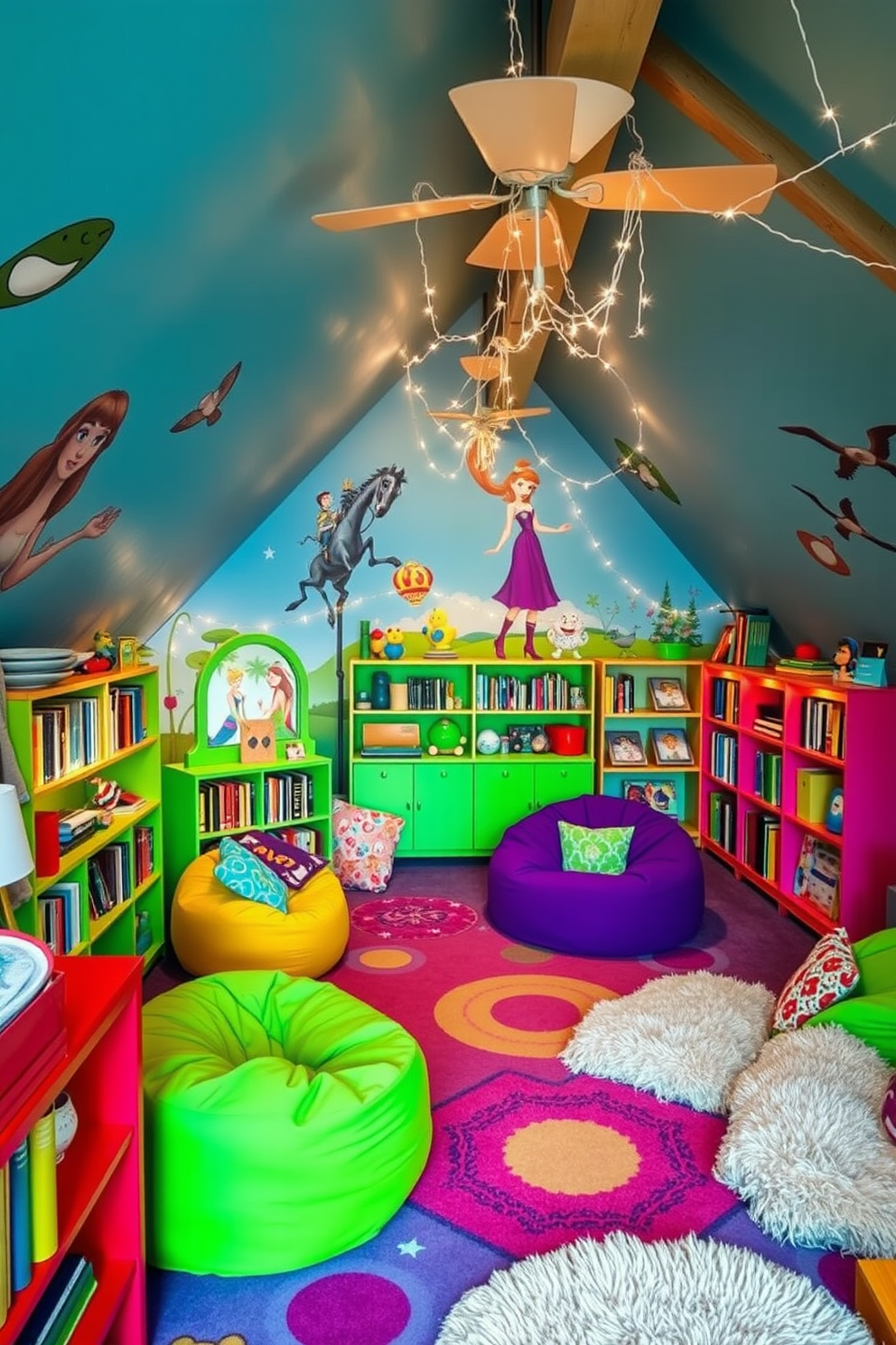 A vibrant attic playroom filled with colorful furniture and playful decor. A cozy reading nook is created with oversized bean bags and a small bookshelf filled with children's books. In one corner, a variety of musical instruments are displayed, including a guitar, keyboard, and drums. Brightly colored rugs and wall art featuring musical notes add a fun and creative atmosphere to the space.