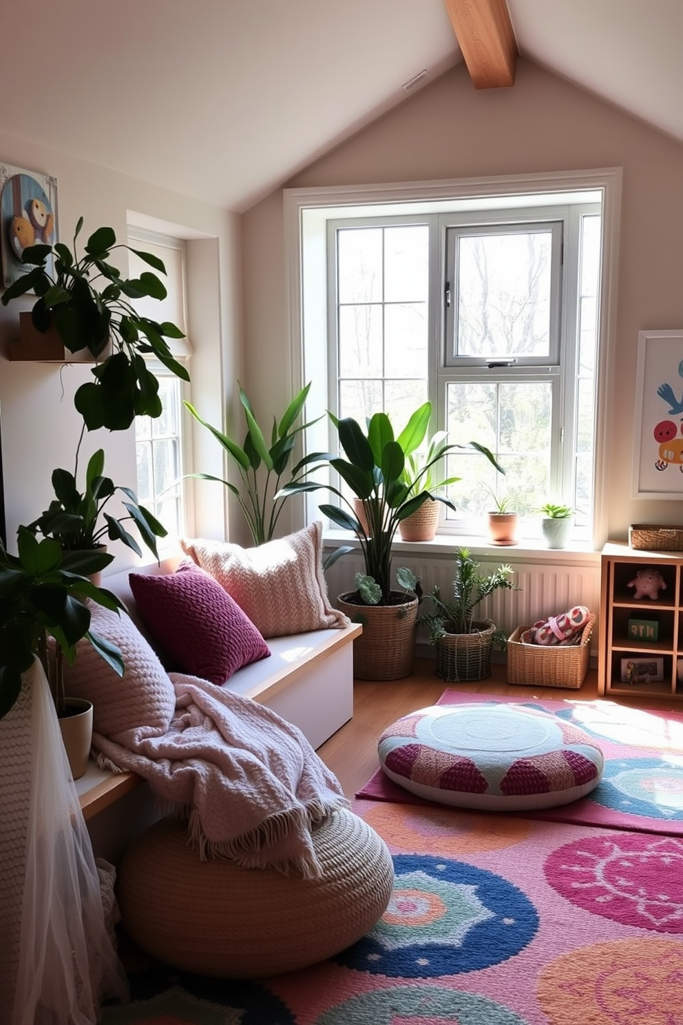 A craft table for hands-on activities. The table is made of reclaimed wood with ample space for supplies, surrounded by colorful stools for children. Attic playroom design ideas. The space features soft, cozy rugs on a wooden floor, with whimsical wall art and a reading nook filled with cushions.