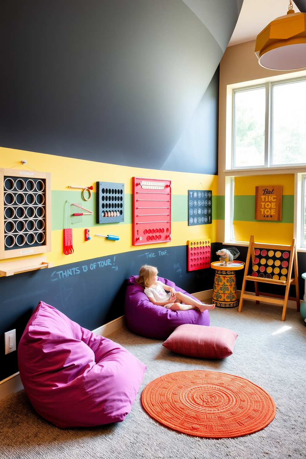 A whimsical attic playroom designed as a pirate ship. The walls are painted in vibrant blue with hand-painted clouds and a treasure map, while a wooden ship structure serves as the centerpiece for climbing and imaginative play. Soft, plush rugs in the shape of islands cover the floor, providing a cozy area for reading and storytelling. Nautical-themed cushions and bean bags are scattered around for comfortable seating, creating an inviting space for children to explore their creativity.