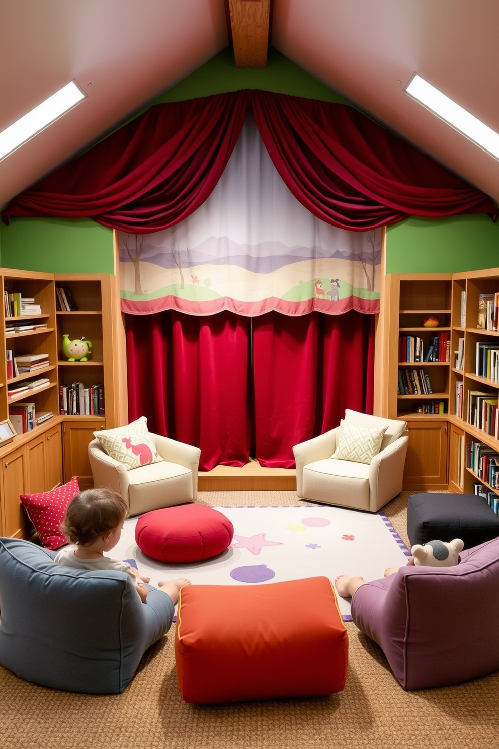 A mini climbing wall designed for active play is featured in a bright and airy attic playroom. The wall is adorned with colorful handholds and soft mats below for safety, encouraging children to engage in physical activity while having fun. The attic playroom is filled with natural light from large windows, creating a cheerful atmosphere. Cozy seating areas with plush cushions and a small reading nook provide spaces for relaxation and creativity amidst the playful environment.