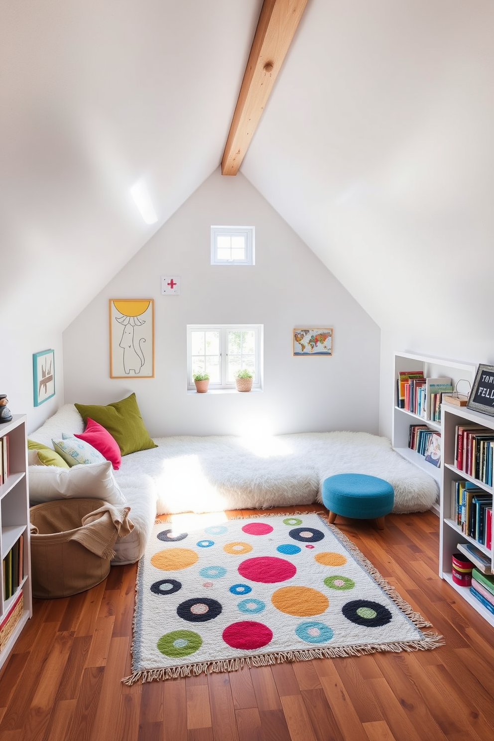 A cozy musical instruments corner designed for creativity. The space features a vintage wooden piano in the center, surrounded by an assortment of guitars and a drum set against a backdrop of colorful soundproofing panels. An inviting attic playroom filled with imaginative design ideas. The room includes a soft play area with plush rugs, a chalkboard wall for drawing, and a reading nook with bean bags and shelves filled with books.