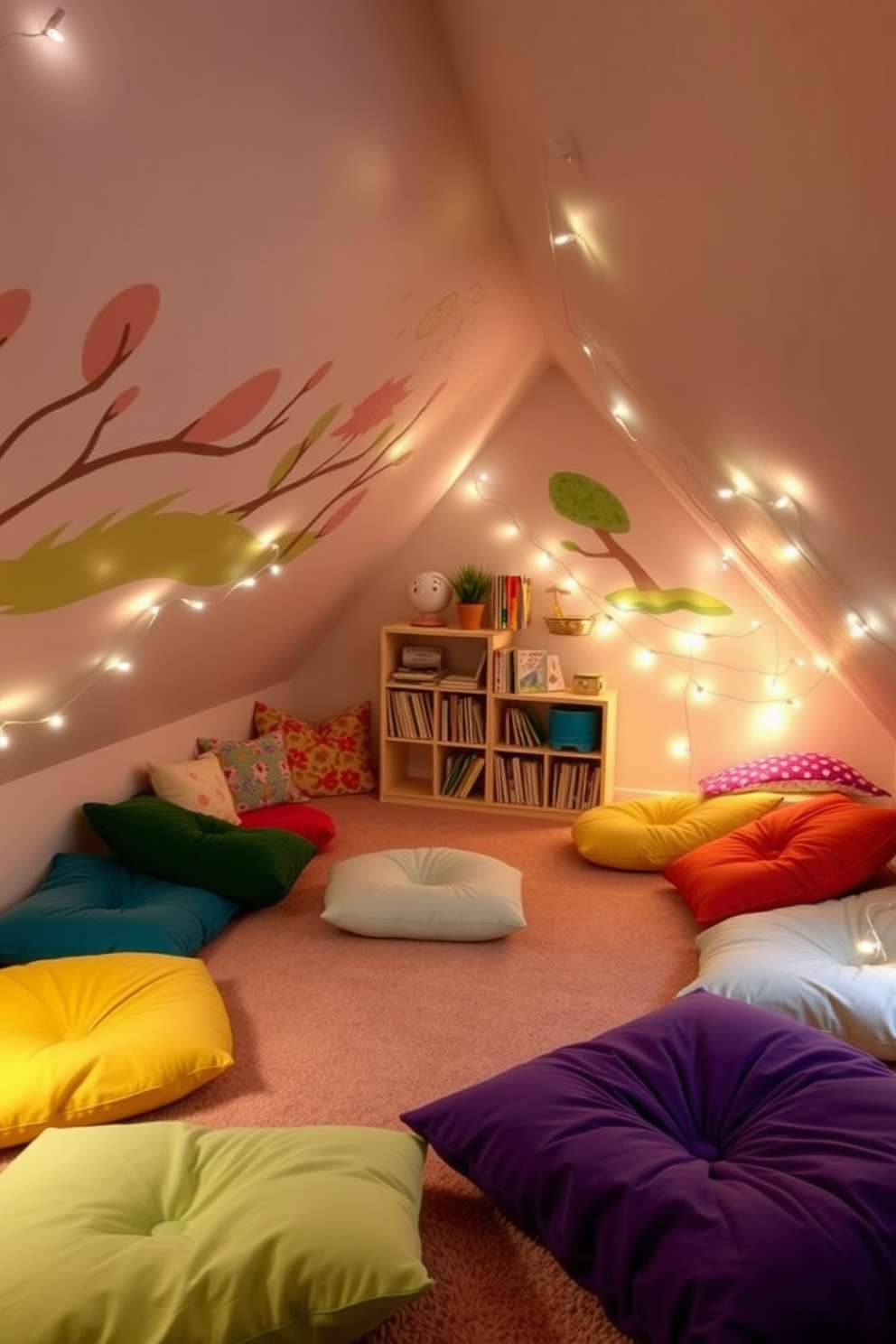 A vibrant and colorful rug anchors the play area, featuring geometric patterns in bright hues that stimulate creativity. Surrounding the rug, soft cushions and bean bags provide comfortable seating for children to gather and play. The attic playroom is designed with sloped ceilings, creating a cozy yet spacious feel. Large windows allow natural light to flood the room, enhancing the cheerful atmosphere with playful wall decals and storage solutions.