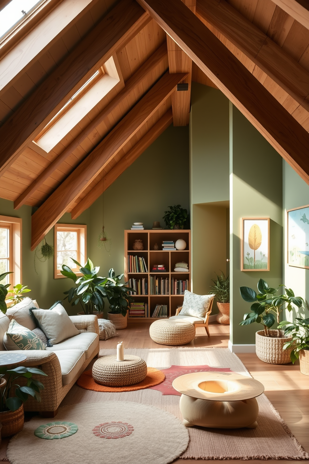 Colorful bean bags for casual seating in a cozy attic playroom. The space features sloped ceilings with exposed wooden beams and large windows allowing natural light to flood in. Brightly colored bean bags in various shapes and sizes are scattered around a soft, plush rug. A small bookshelf filled with children's books and toys is positioned against one wall, creating an inviting atmosphere for play and relaxation.