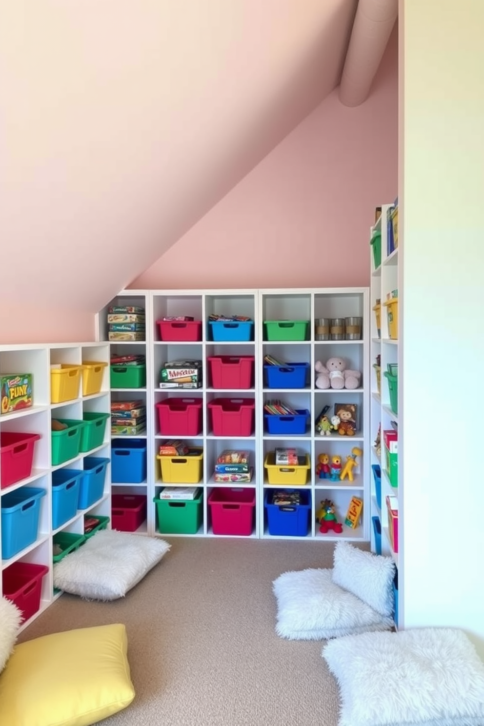 A whimsical attic playroom filled with colorful wall-mounted shelves that hold an array of toys and books. The walls are painted in a cheerful pastel hue, and soft, plush rugs cover the floor for a cozy play area. A cozy reading nook is created with a small bean bag chair nestled beneath the shelves. Large windows allow natural light to flood in, making the space bright and inviting for children to play and explore.