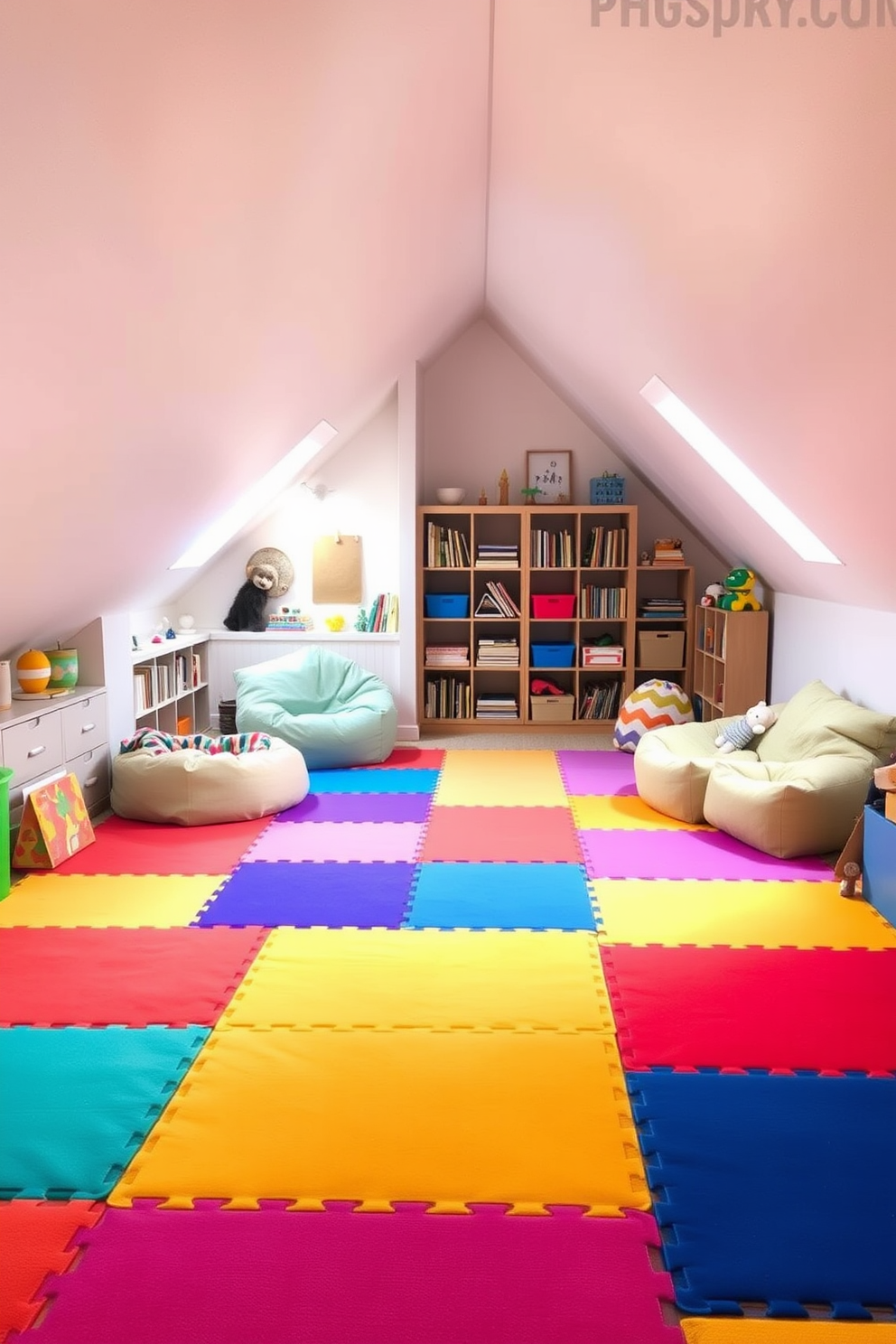 A vibrant attic playroom filled with colorful floor cushions scattered across a soft, plush rug. The walls are painted in cheerful pastel colors, and large windows let in plenty of natural light, creating an inviting and playful atmosphere.