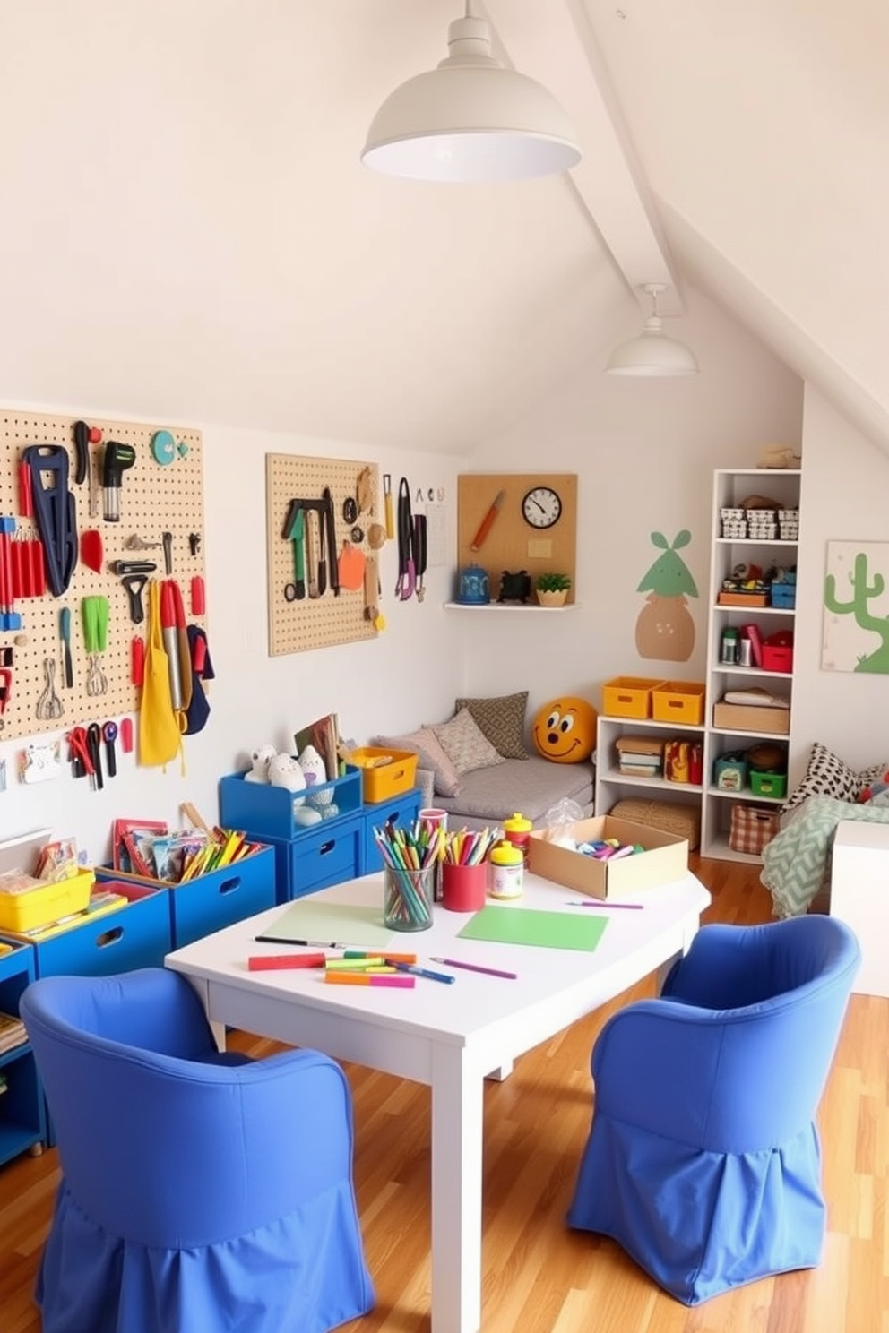 A cozy creative writing corner featuring a plush armchair in a soft pastel color. A small wooden side table holds an assortment of notebooks and pens, while a warm lamp provides soft lighting. An imaginative attic playroom designed with colorful bean bags scattered across the floor. The walls are adorned with playful murals and shelves filled with toys and books, creating a vibrant atmosphere for children to explore and enjoy.