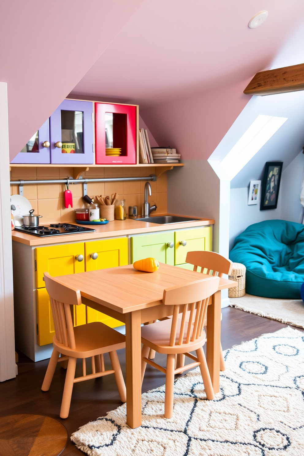 A whimsical attic playroom filled with natural light and vibrant colors. The floor is covered with lush faux grass, creating a playful outdoor atmosphere. Colorful bean bags and oversized cushions are scattered throughout the space for comfort. A wooden climbing frame and slide provide fun and active play opportunities for children.