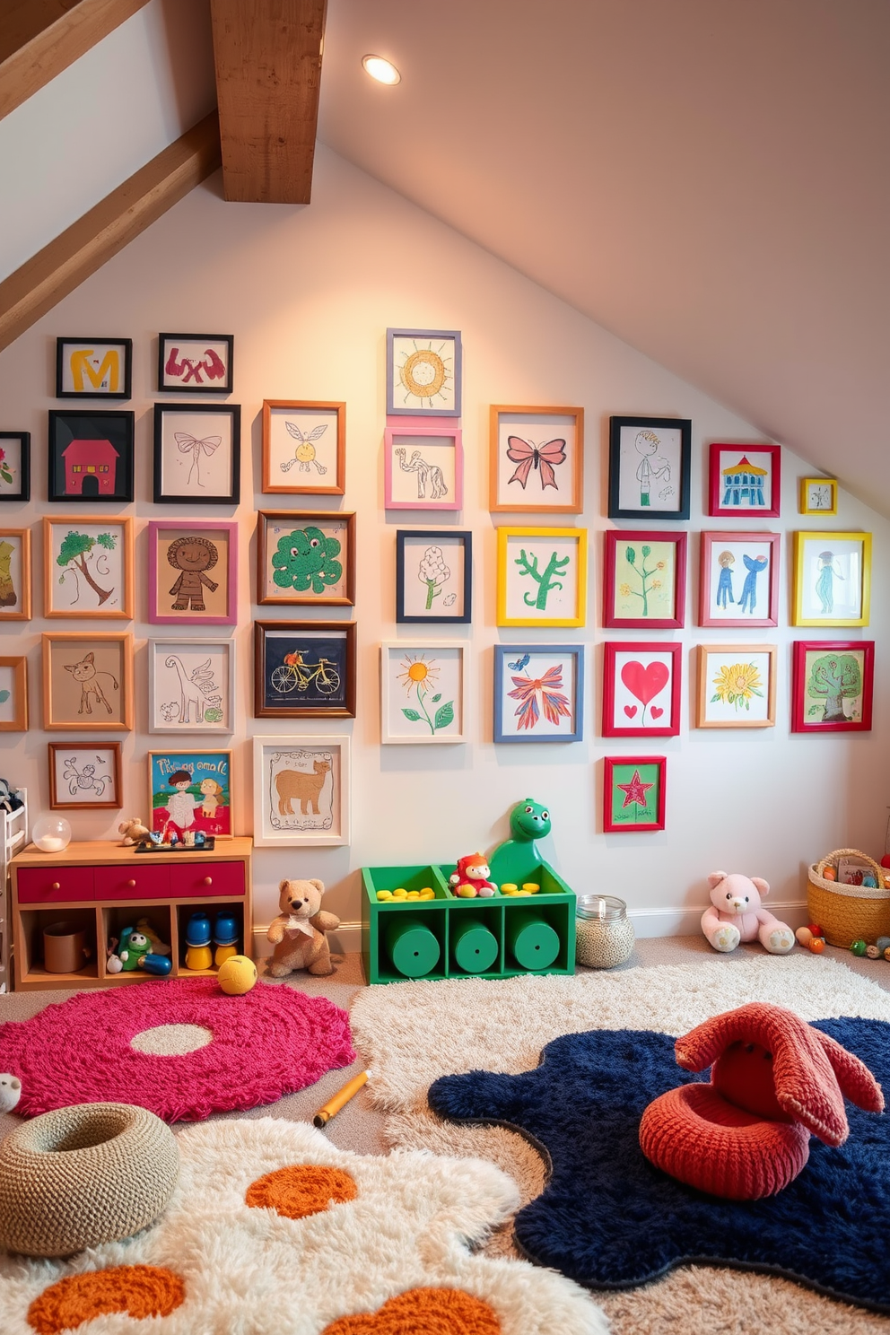 A bright and cheerful attic playroom filled with natural light. The walls are painted in soft pastel colors and colorful curtains frame the windows, adding a playful touch to the space. In one corner, a cozy reading nook is created with a plush bean bag and a small bookshelf filled with children's books. The floor is covered with a soft area rug, and various toys are neatly organized in colorful bins.