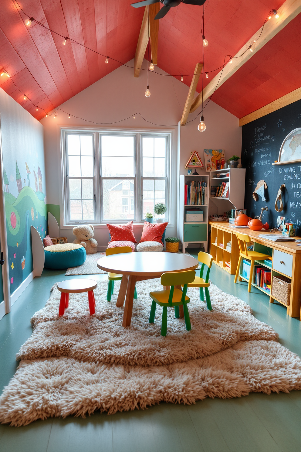 A whimsical attic playroom designed with sloped ceilings creates a cozy and imaginative space for children. Soft pastel colors adorn the walls while colorful rugs and bean bags provide comfortable seating areas. Built-in shelves line the sloped walls, displaying toys and books within easy reach. A small climbing wall and a reading nook with oversized cushions invite playful exploration and relaxation.