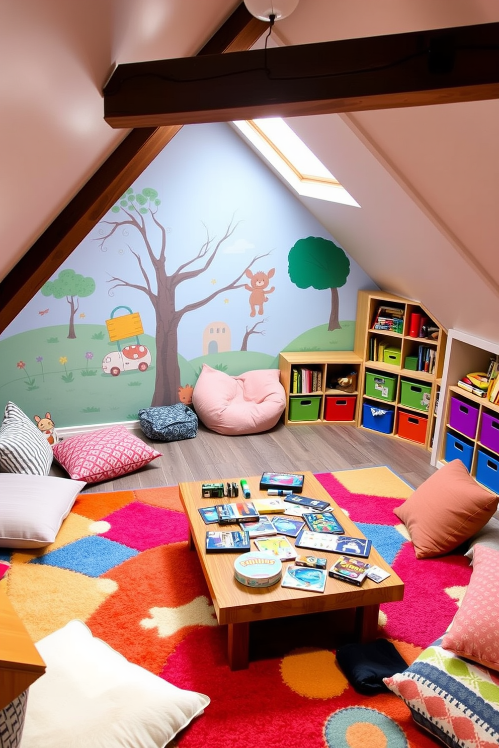 A sensory play area designed for children features a soft, colorful rug that invites exploration. Various textures are incorporated through wall panels, plush cushions, and interactive sensory bins filled with materials like sand, water beads, and fabric swatches. The attic playroom is transformed into a whimsical retreat with sloped ceilings and large windows that allow natural light to flood the space. Cozy nooks are created with bean bags and floor cushions, while walls are adorned with playful murals that inspire imagination and creativity.