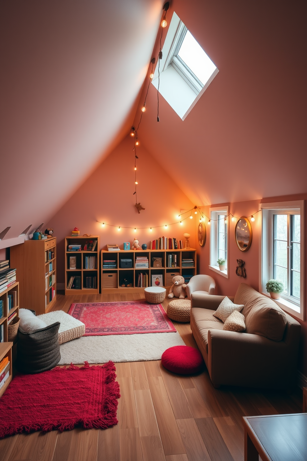 A cozy attic playroom filled with soft lighting creates a calming atmosphere. The room features plush seating with colorful cushions and a low table for games and activities. Large windows allow natural light to filter in, complemented by warm pendant lights hanging from the sloped ceiling. The walls are painted in pastel shades, and playful artwork adorns the spaces to inspire creativity.