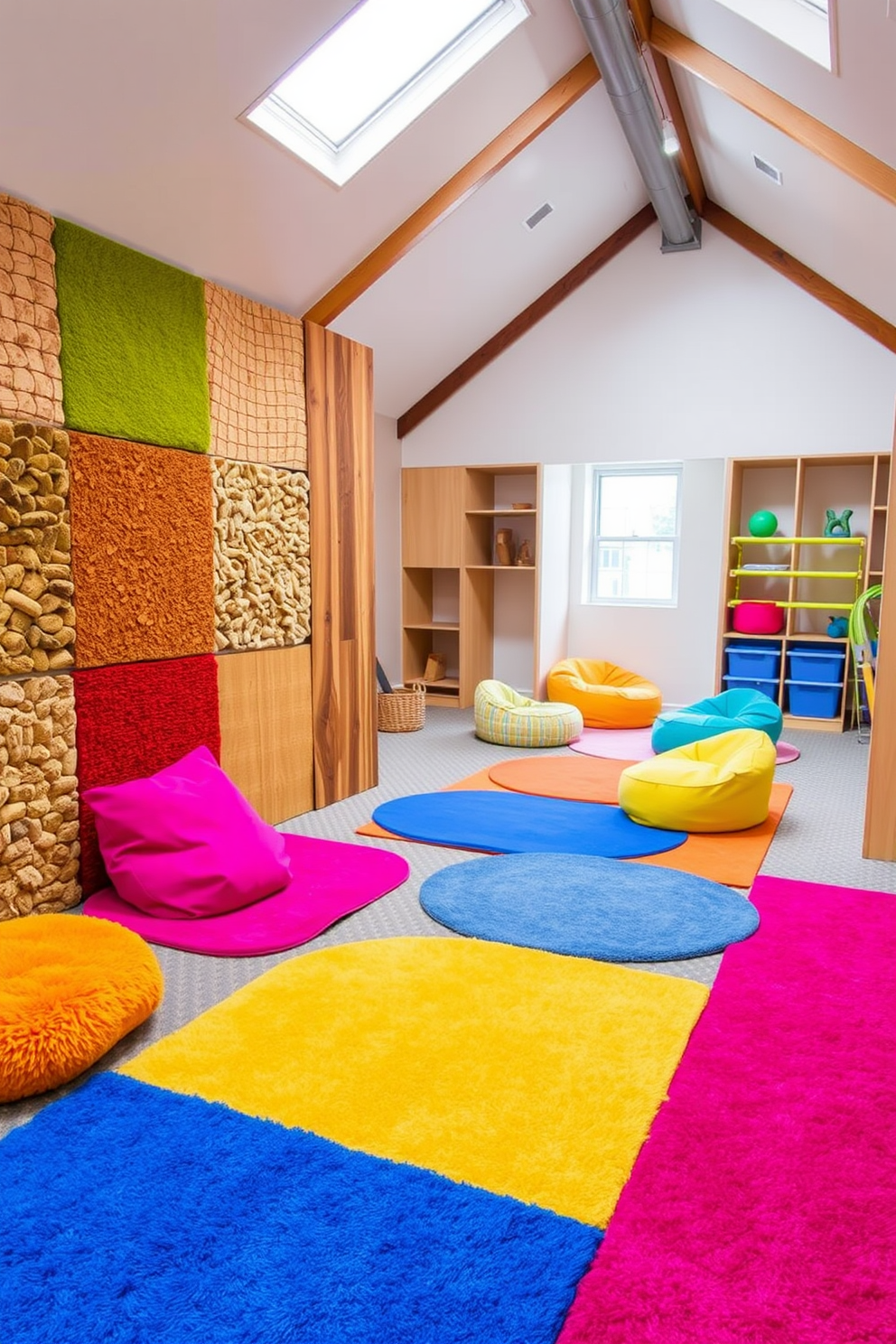 A spacious sports equipment storage area for active kids. Shelving units line the walls filled with colorful bins and baskets to organize various sports gear. An attic playroom designed for creativity and fun. Soft carpeting covers the floor, and bright wall decals add a playful touch to the space.