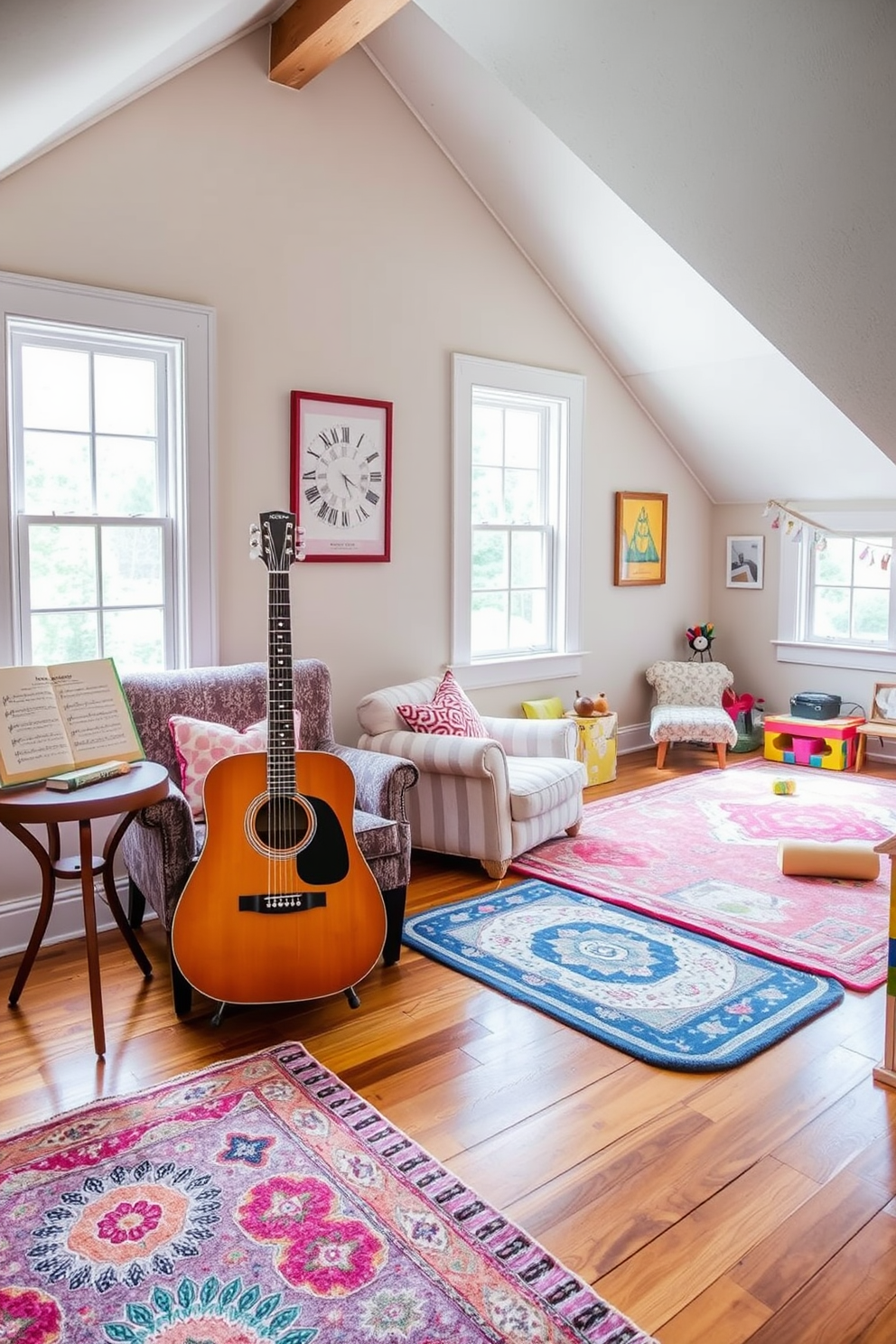 A vibrant attic playroom designed for creativity and fun. The walls are adorned with colorful puzzle pieces that can be rearranged for brain-teasing activities. The room features a cozy reading nook with bean bags and shelves filled with books. Large windows allow natural light to flood the space, creating an inviting atmosphere for play and learning.