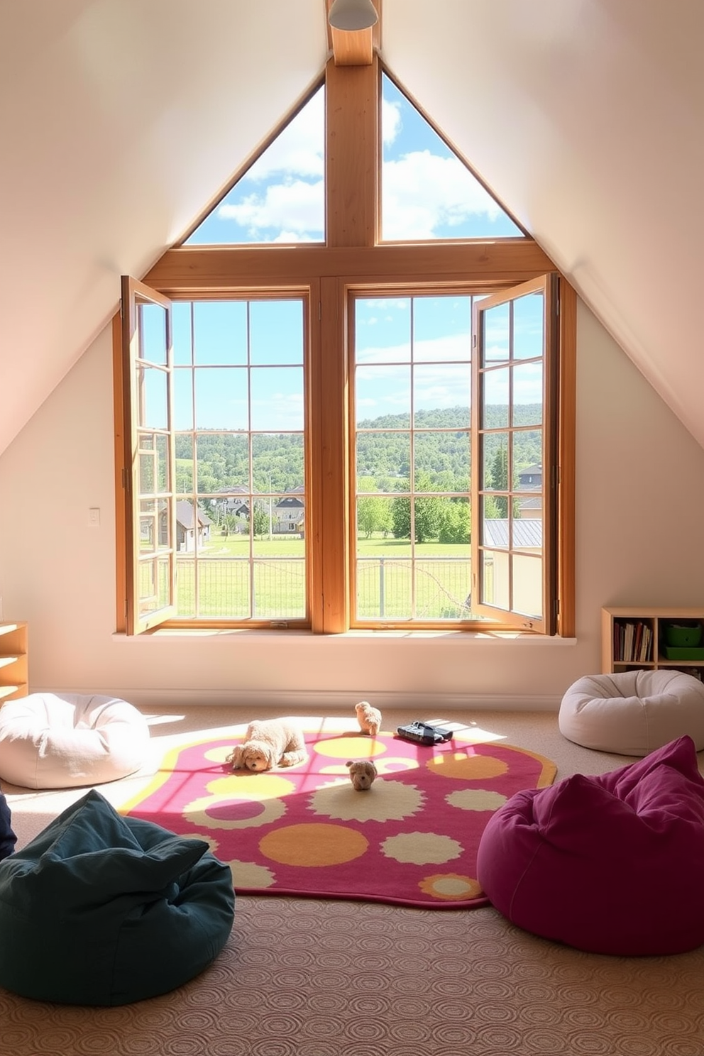 A cozy attic playroom filled with colorful floor cushions arranged in a casual layout to create flexible seating options. The walls are painted in a cheerful light blue, and large windows allow natural light to flood the space, enhancing the playful atmosphere. A vibrant area rug anchors the seating, while shelves lined with books and toys add to the fun and inviting feel of the room. Soft lighting fixtures hang from the ceiling, creating a warm ambiance perfect for playtime activities.