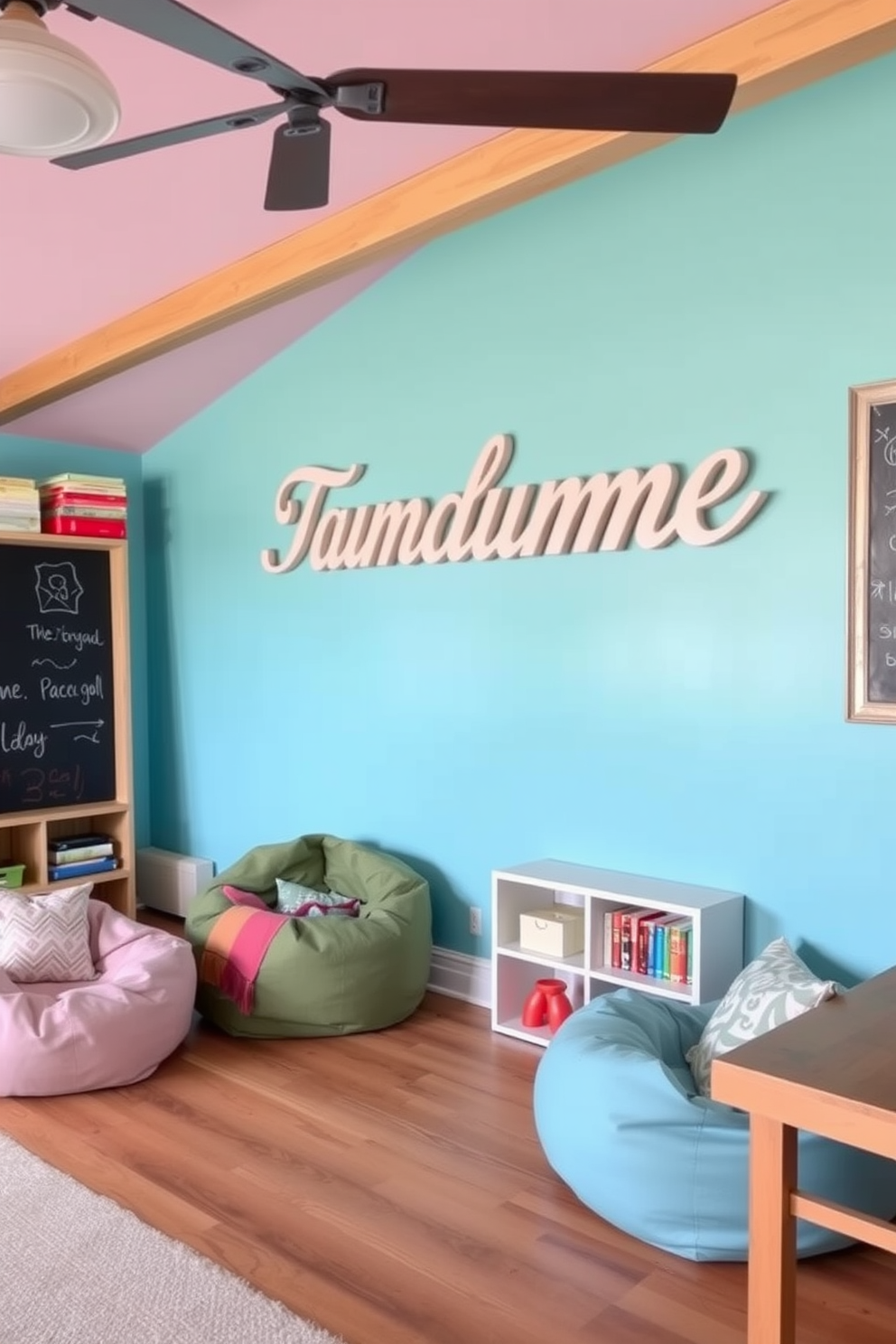 A cozy attic playroom filled with natural light. There are colorful bean bags scattered around and a large rug with playful patterns in the center. Personalized name banners hang from the ceiling, adding a unique touch to the space. The walls are painted in soft pastels, and shelves are filled with toys and books for easy access.