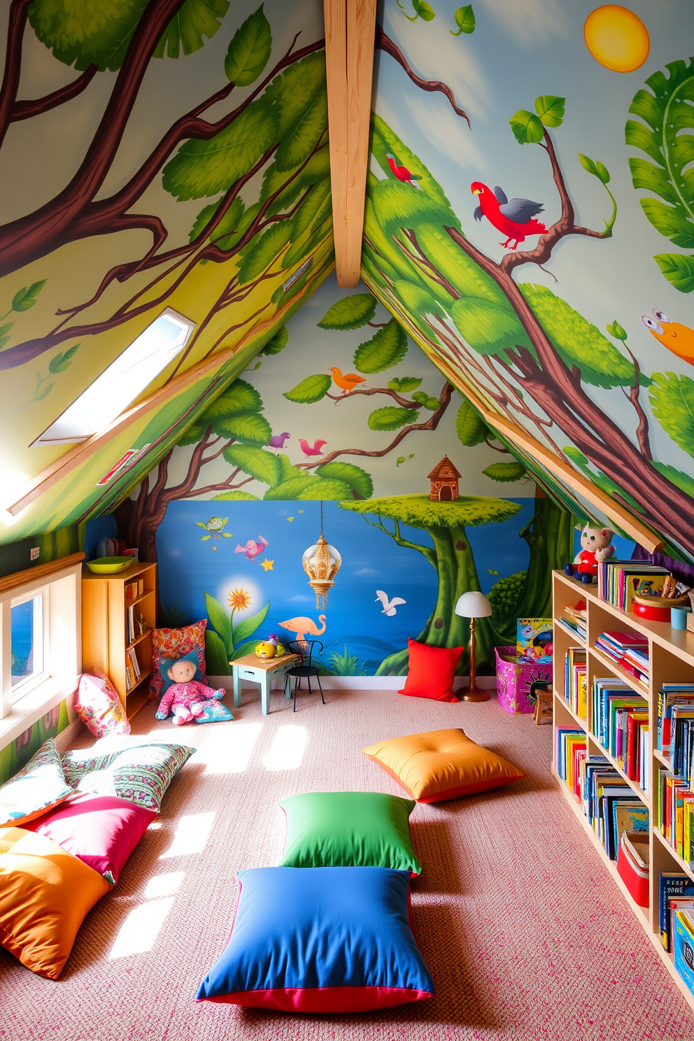 Whimsical playhouse with colorful decor. The walls are painted in vibrant hues, adorned with playful murals of animals and nature scenes. Cozy nooks filled with oversized cushions create inviting reading spaces. A slide connects the upper level to the lower area, adding a fun element to the design. Attic playroom design ideas. The sloped ceiling is lined with soft fairy lights, creating a magical atmosphere. Brightly colored storage bins are organized along the walls, keeping toys accessible yet tidy. A small art station with a chalkboard wall encourages creativity and play.