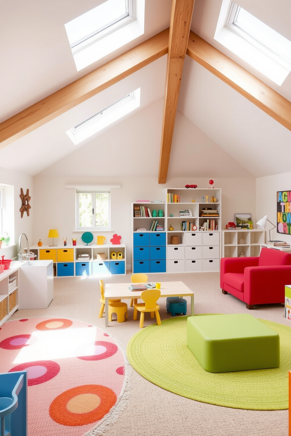 A cozy attic playroom filled with soft lighting that mimics a starry night ambiance. The ceiling is adorned with twinkling fairy lights and painted in a deep navy blue to create a dreamy atmosphere. The walls are lined with colorful shelving units filled with toys and books. A plush, oversized rug covers the floor, providing a comfortable space for play and creativity.