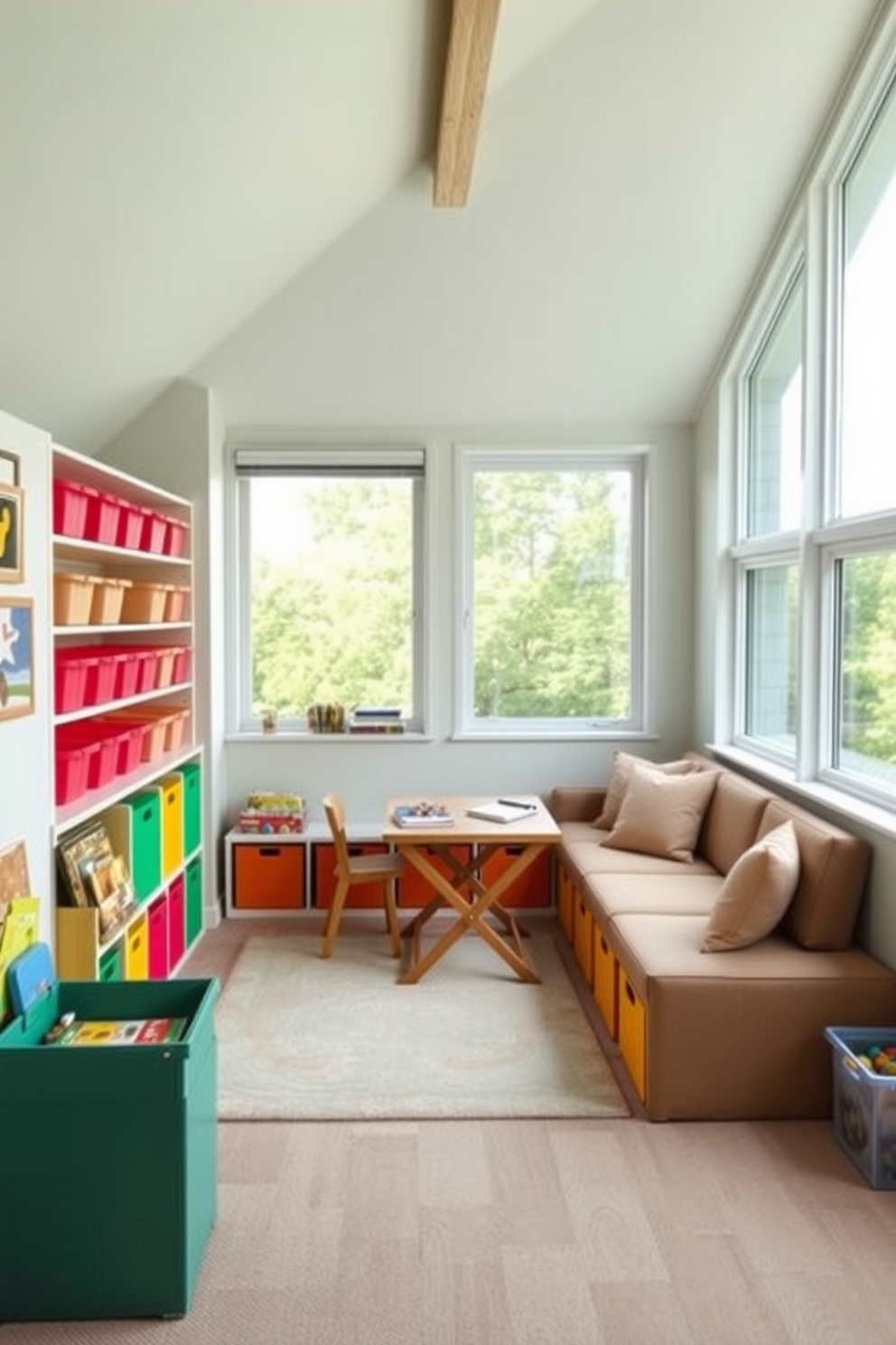 Creative art station with storage options. The space features a large wooden table surrounded by colorful chairs, with shelves filled with art supplies and materials. Attic playroom design ideas. The room is bright and airy, with a cozy reading nook and a variety of toys neatly organized in stylish bins.