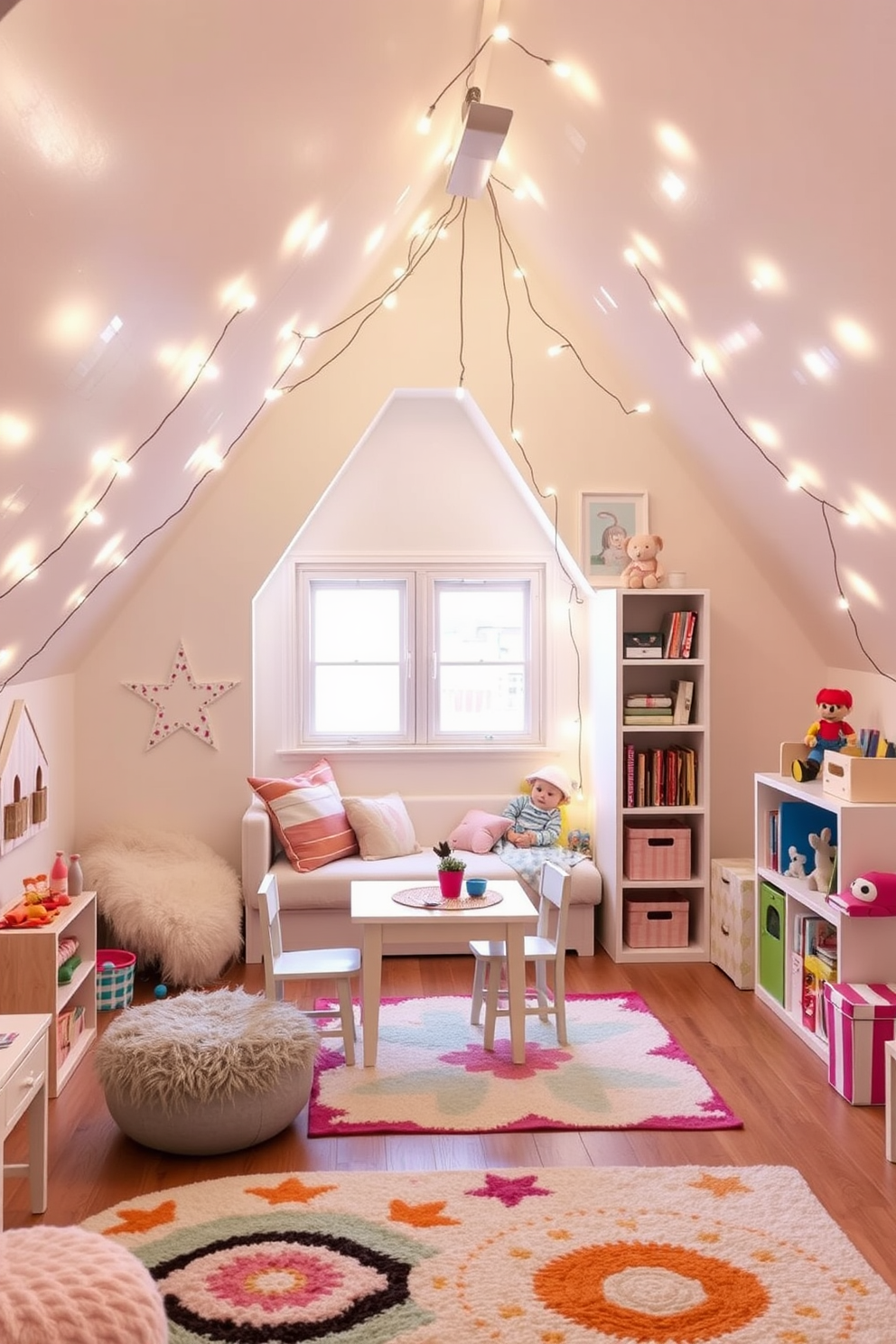 A sensory play area designed for children features a variety of textured materials including soft rugs, bumpy wall panels, and tactile toys. Brightly colored cushions are scattered throughout the space, inviting kids to explore and engage with their surroundings. The attic playroom is transformed into a whimsical retreat with sloped ceilings and cozy nooks. Large windows allow natural light to flood the room, highlighting playful decor and creative storage solutions.