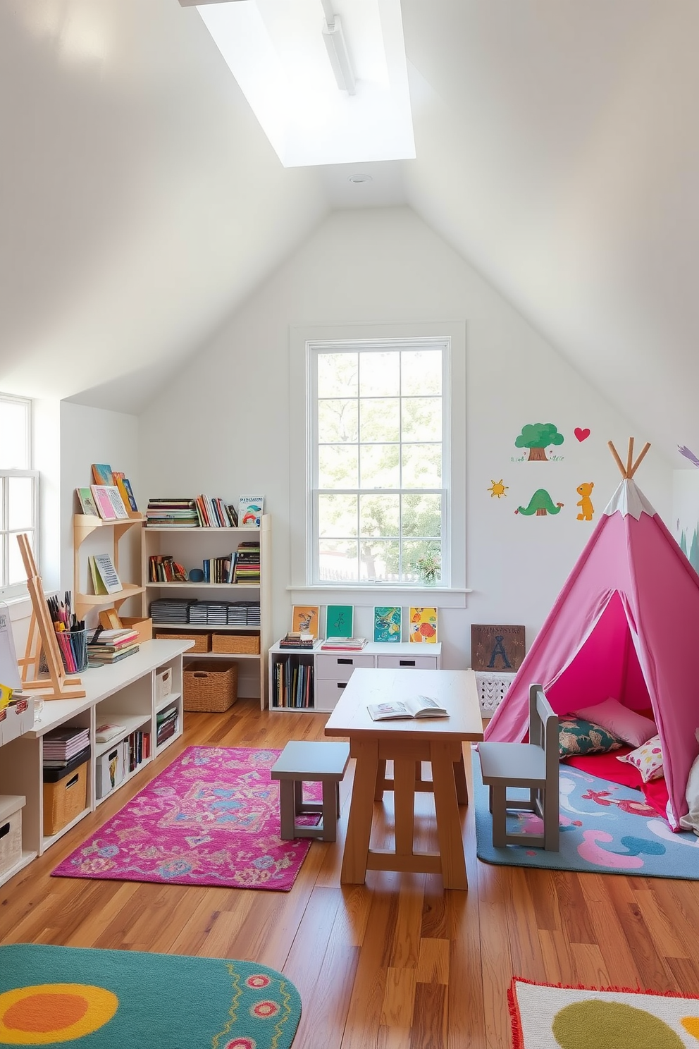 A whimsical playroom inspired by beloved childhood characters. The walls are adorned with vibrant murals depicting scenes from classic stories, and colorful bean bags are scattered across the floor for comfortable seating. The furniture features playful shapes and bright colors, creating an inviting atmosphere for creativity and fun. Shelves are filled with toys and books, while a cozy reading nook with themed cushions encourages imaginative adventures.