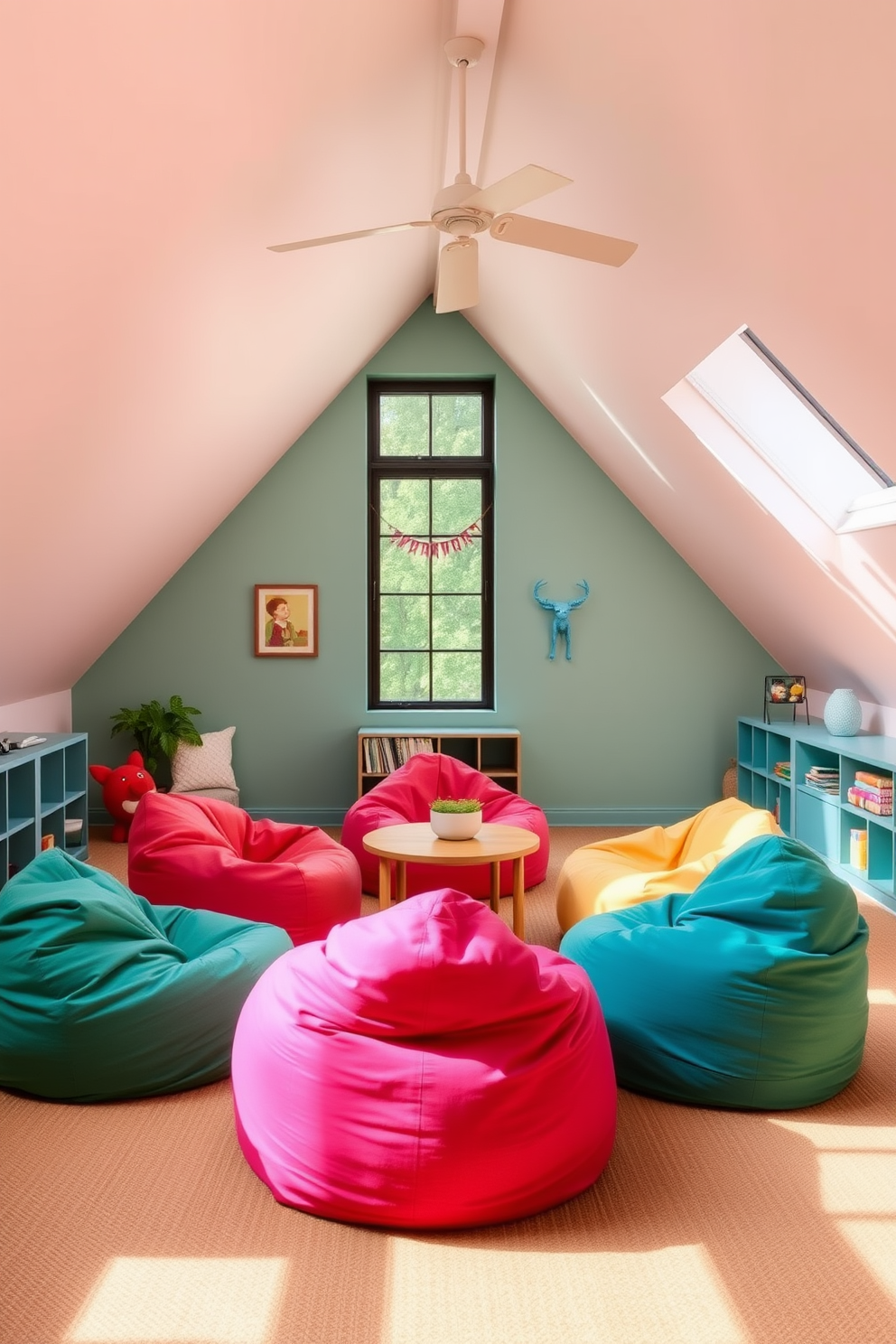 A cozy attic playroom features multi-functional furniture that adapts to various activities. A foldable table serves as a craft station and a game area, while a comfortable sofa bed provides seating and sleeping options for guests. Brightly colored storage bins are neatly arranged under the sloped ceiling, keeping toys organized and accessible. Soft, plush rugs cover the floor, creating a warm and inviting atmosphere for children to play and explore.