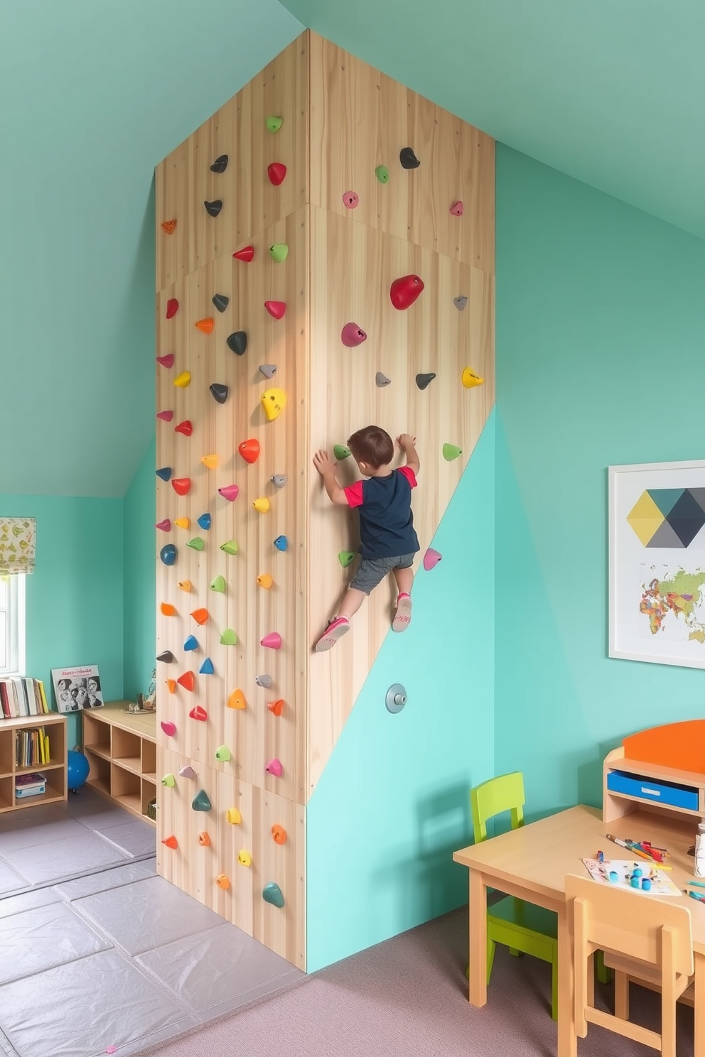 A vibrant indoor climbing wall designed for active play. The wall features various climbing holds in bright colors and is surrounded by soft foam padding for safety. A cozy attic playroom filled with natural light. The space includes a small reading nook with plush cushions and a whimsical color palette that inspires creativity.