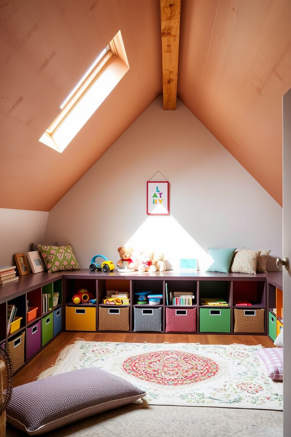 A cozy attic playroom filled with colorful bean bags scattered around the floor. Shelves lined with books create a warm and inviting atmosphere, encouraging relaxation and reading. Soft, warm lighting illuminates the space, enhancing the playful vibe. Large windows allow natural light to flood in, making the room feel open and airy.